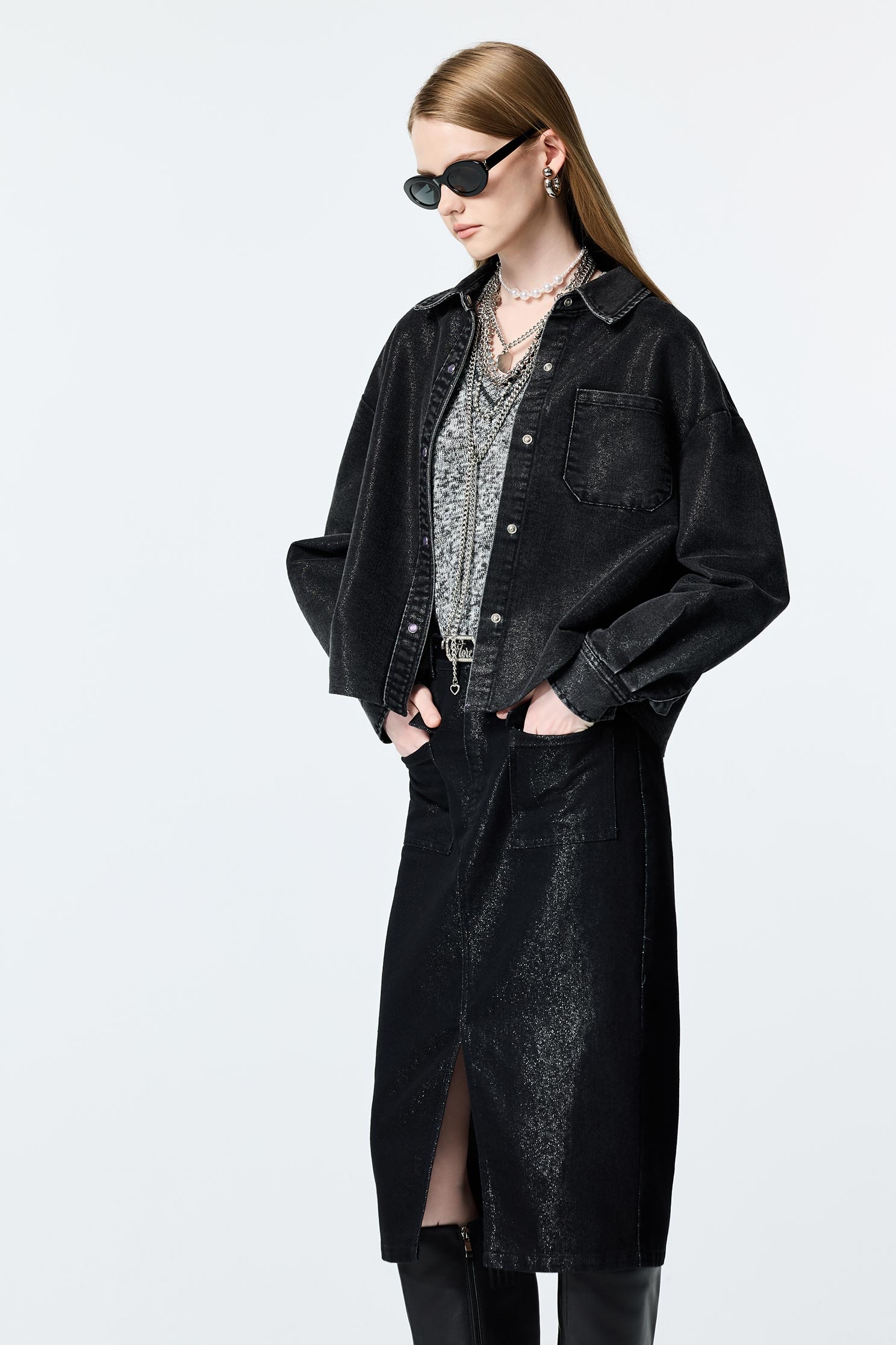 Metallic Sheen Grey Denim JacketMetallic Sheen Grey Denim Jacket,Jackets,Outerwear,Denim,Denim Jackets,Season (AW) Look