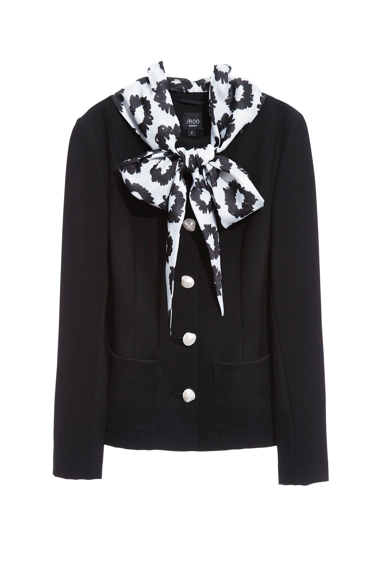 Black Jacket With Hand Sketched Floral Print Scarf DetailBlack Jacket With Hand Sketched Floral Print Scarf Detail,Jackets,Scarves,Outerwear,pearl,Season (AW) Look,Black outerwear