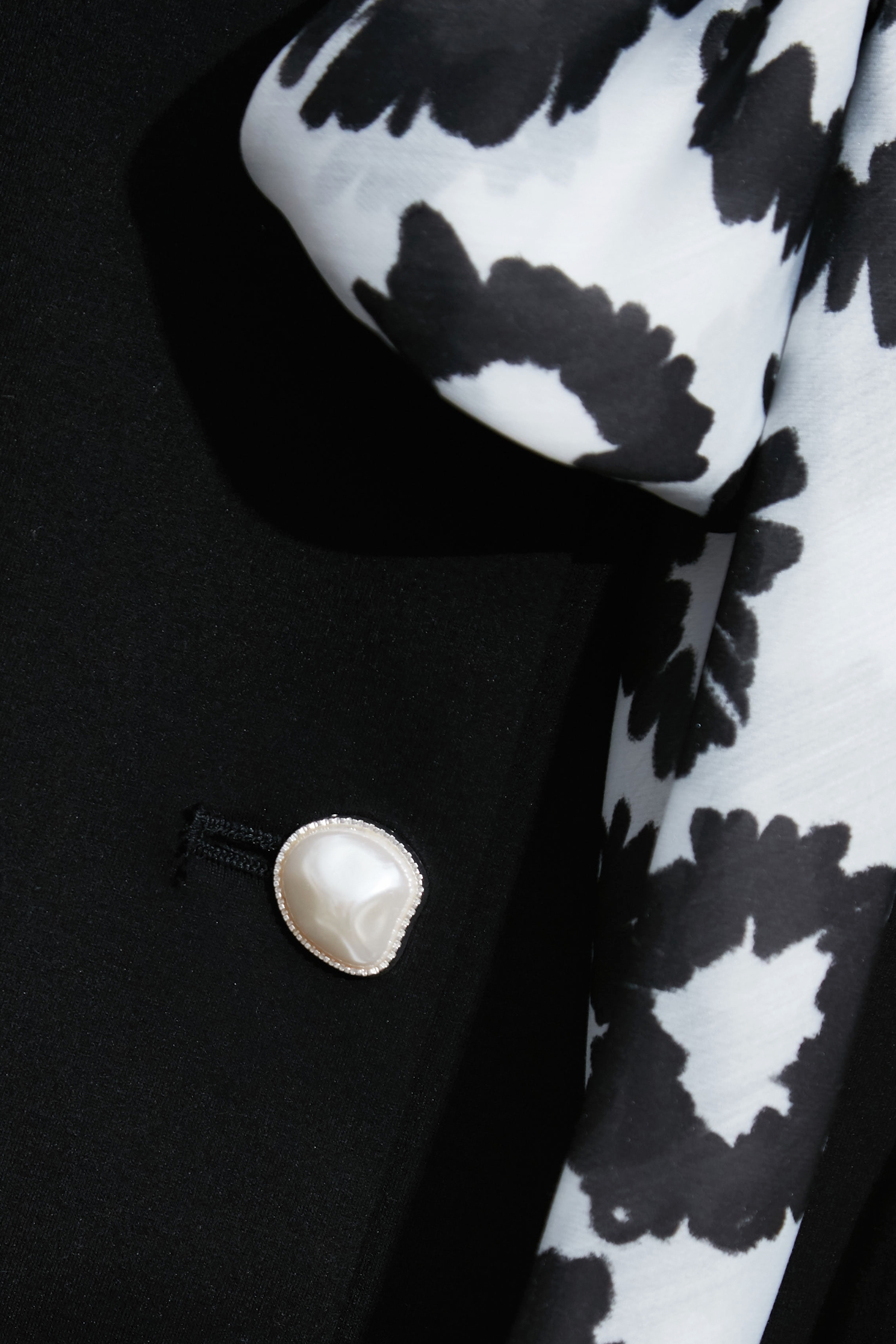 Black Jacket With Hand Sketched Floral Print Scarf DetailBlack Jacket With Hand Sketched Floral Print Scarf Detail,Jackets,Scarves,Outerwear,pearl,Season (AW) Look,Black outerwear