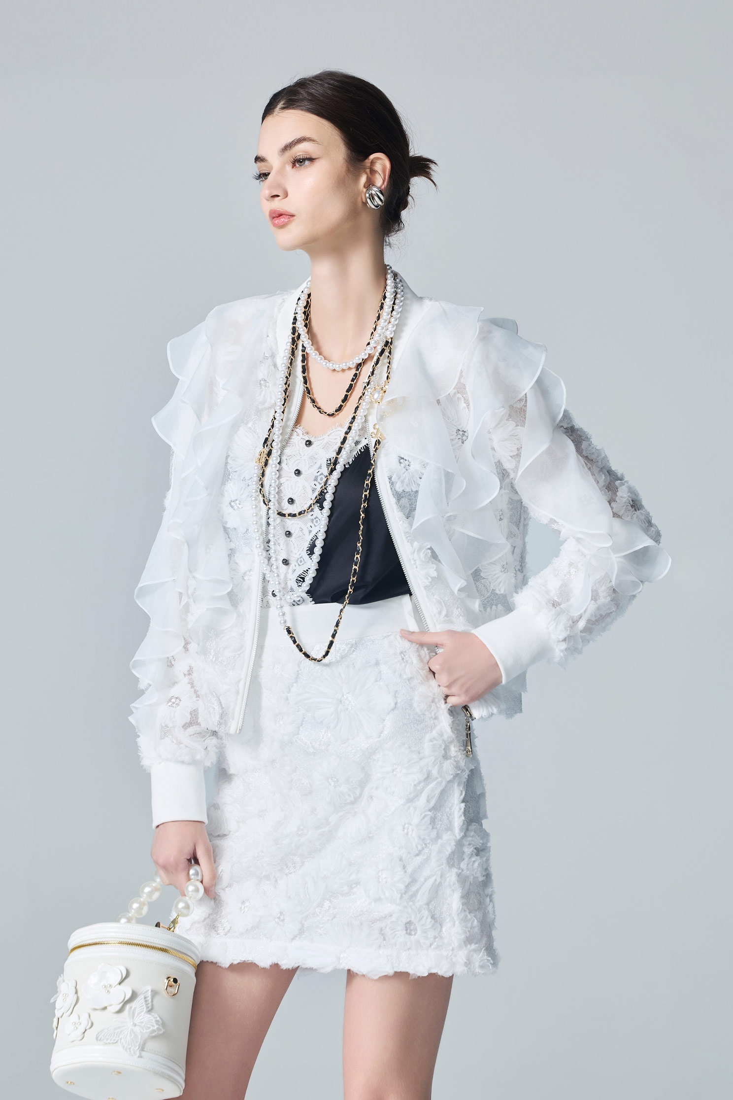 Floral Lace Mesh Ruffle Detail JacketFloral Lace Mesh Ruffle Detail Jacket,Jackets,Outerwear,White outerwear,Season (AW) Look,Lace