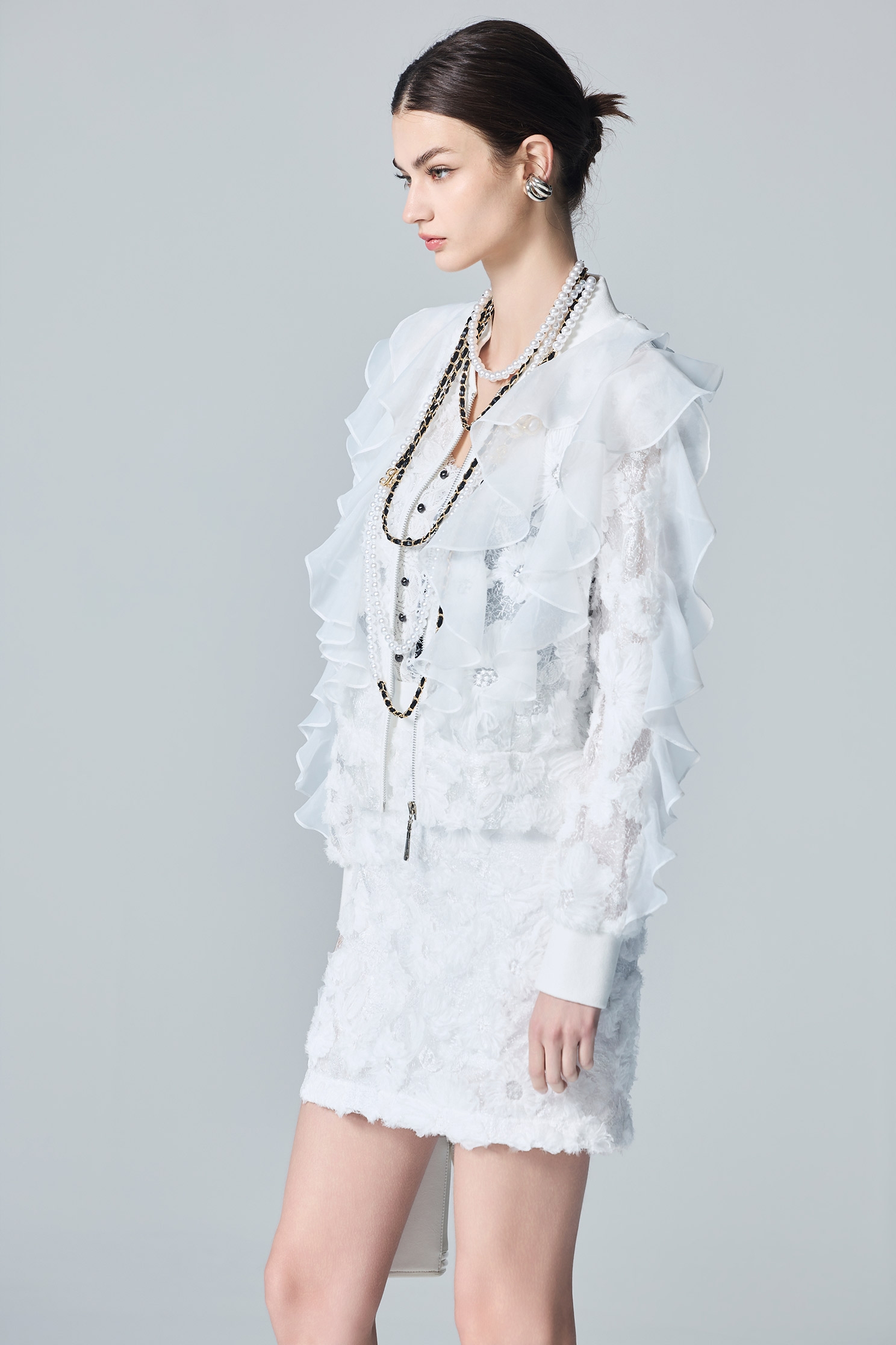 Floral Lace Mesh Ruffle Detail JacketFloral Lace Mesh Ruffle Detail Jacket,Jackets,Outerwear,White outerwear,Season (AW) Look,Lace