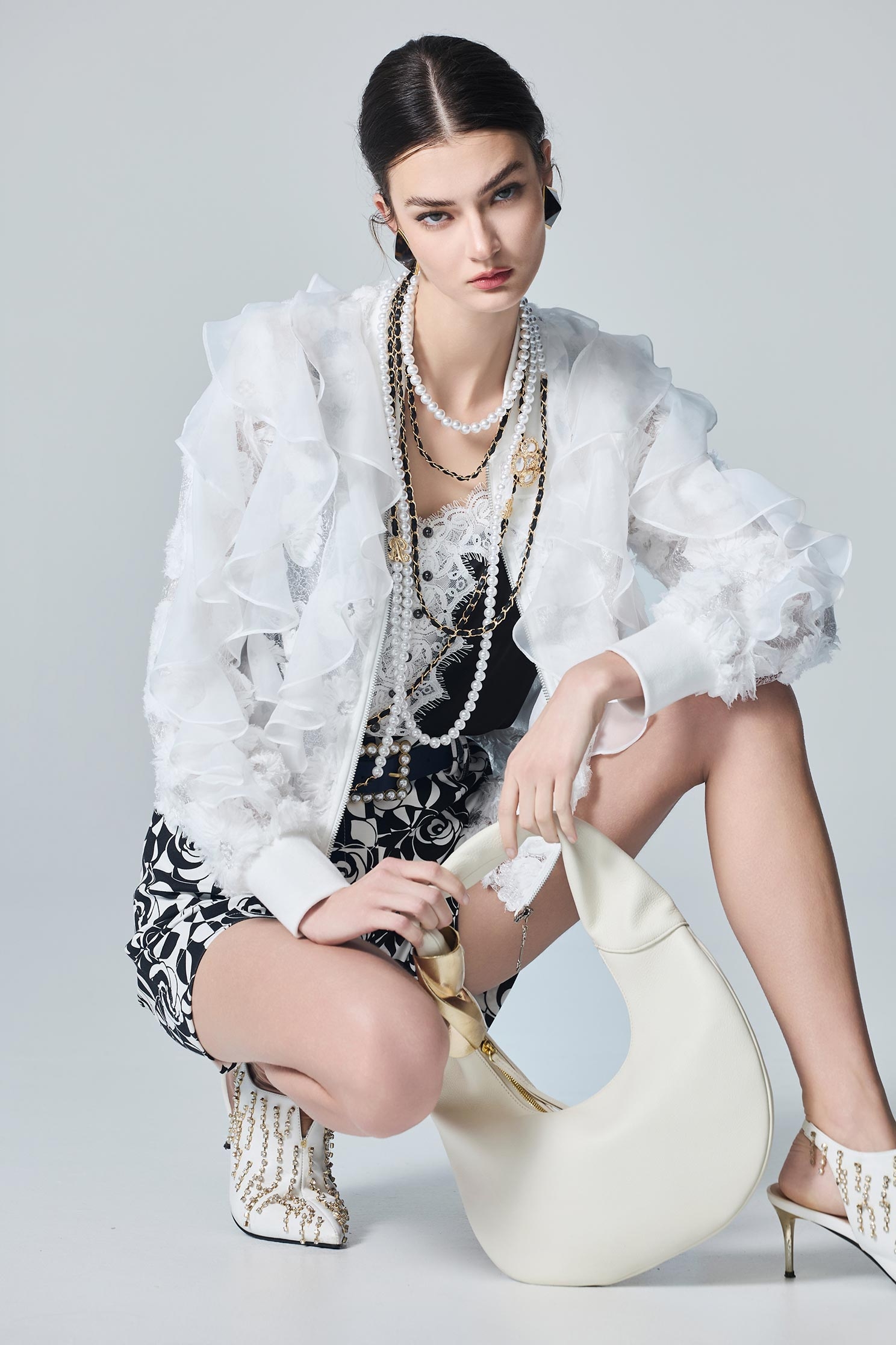 Floral Lace Mesh Ruffle Detail JacketFloral Lace Mesh Ruffle Detail Jacket,Jackets,Outerwear,White outerwear,Season (AW) Look,Lace