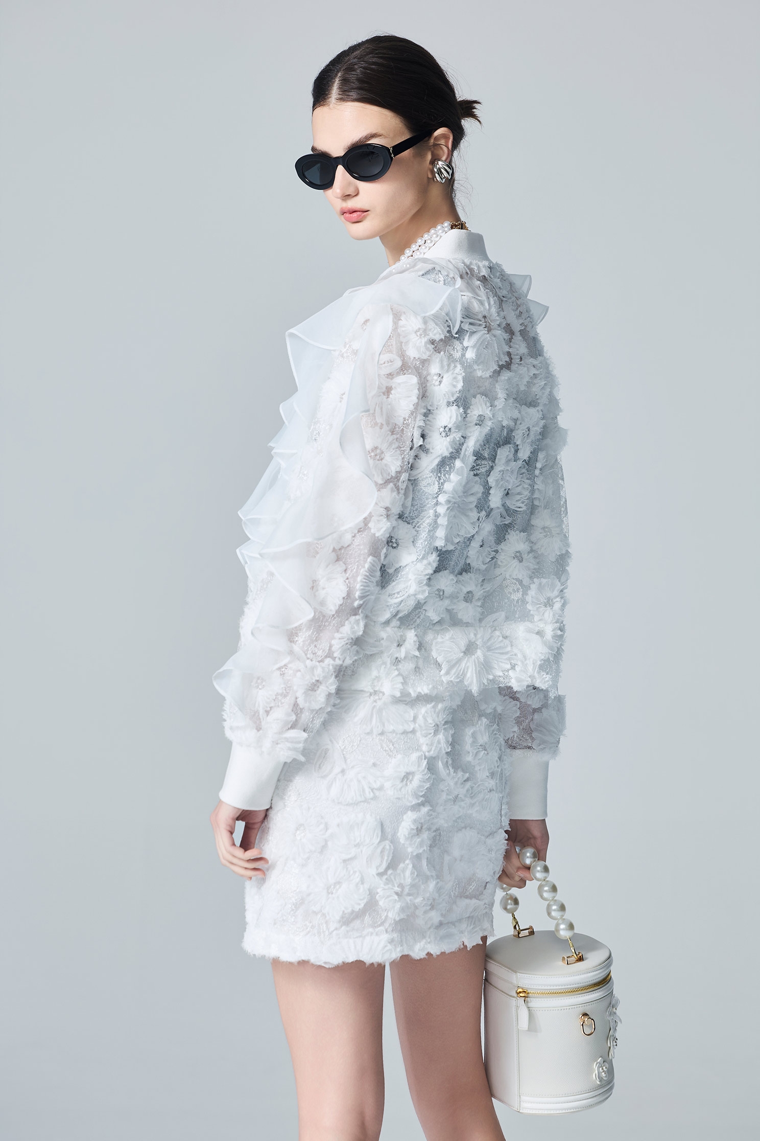 Floral Lace Mesh Ruffle Detail JacketFloral Lace Mesh Ruffle Detail Jacket,Jackets,Outerwear,White outerwear,Season (AW) Look,Lace