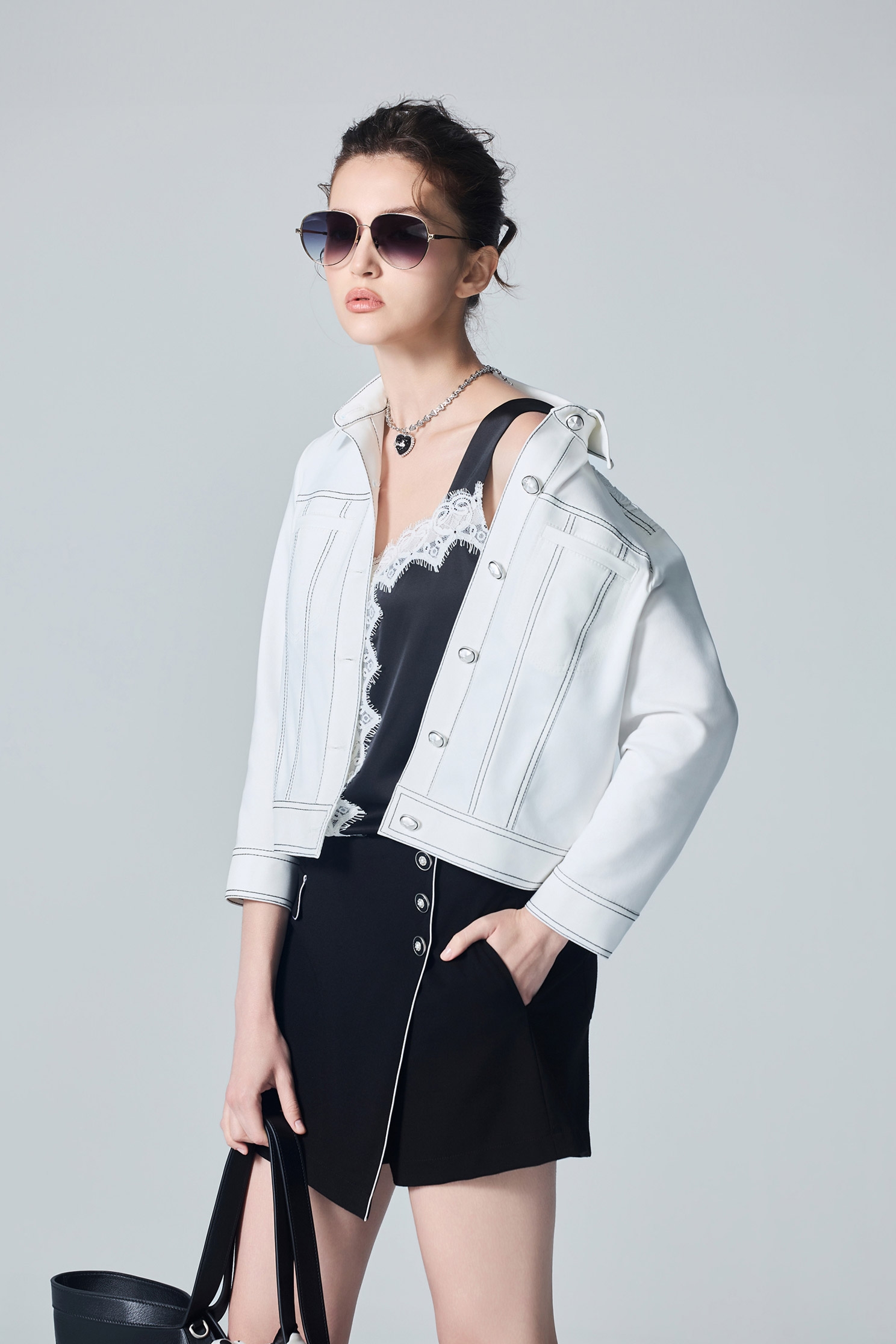 Contrast Stitch Lace Detail JacketContrast Stitch Lace Detail Jacket,Jackets,Outerwear,White outerwear,Season (AW) Look,Lace