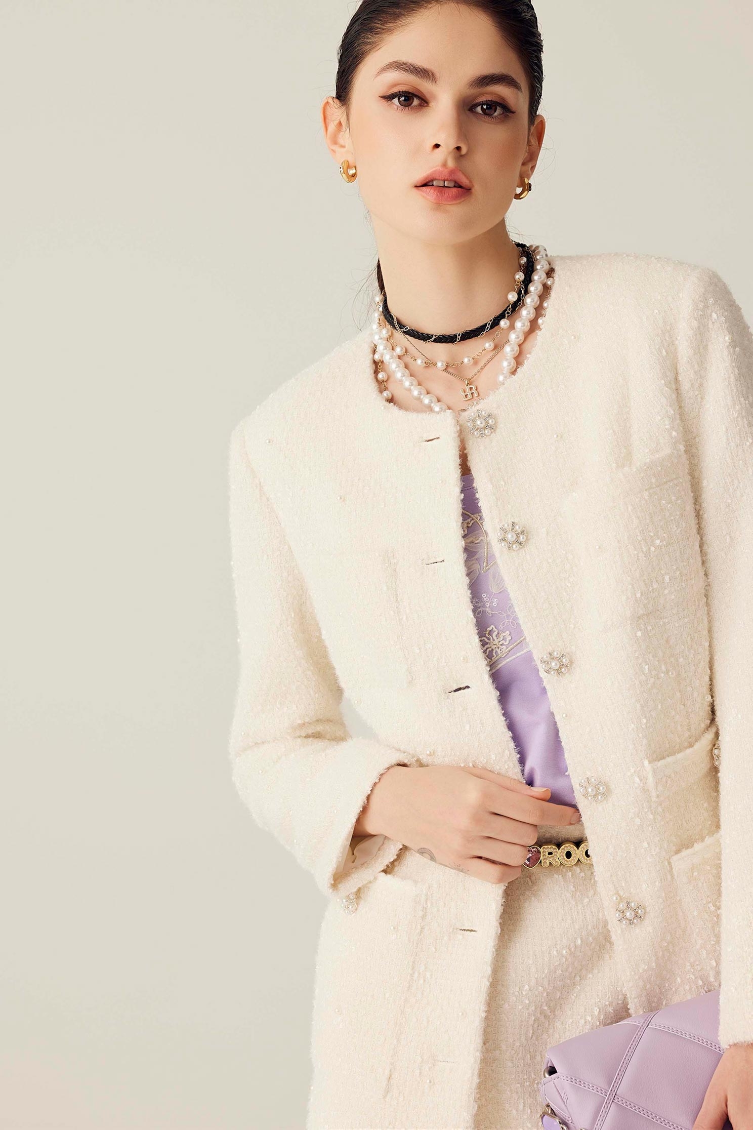 Mid Length Cream Colour Pearl JacketMid Length Cream Colour Pearl Jacket,Season (SS) Look,pearl,Blazers,longcoats