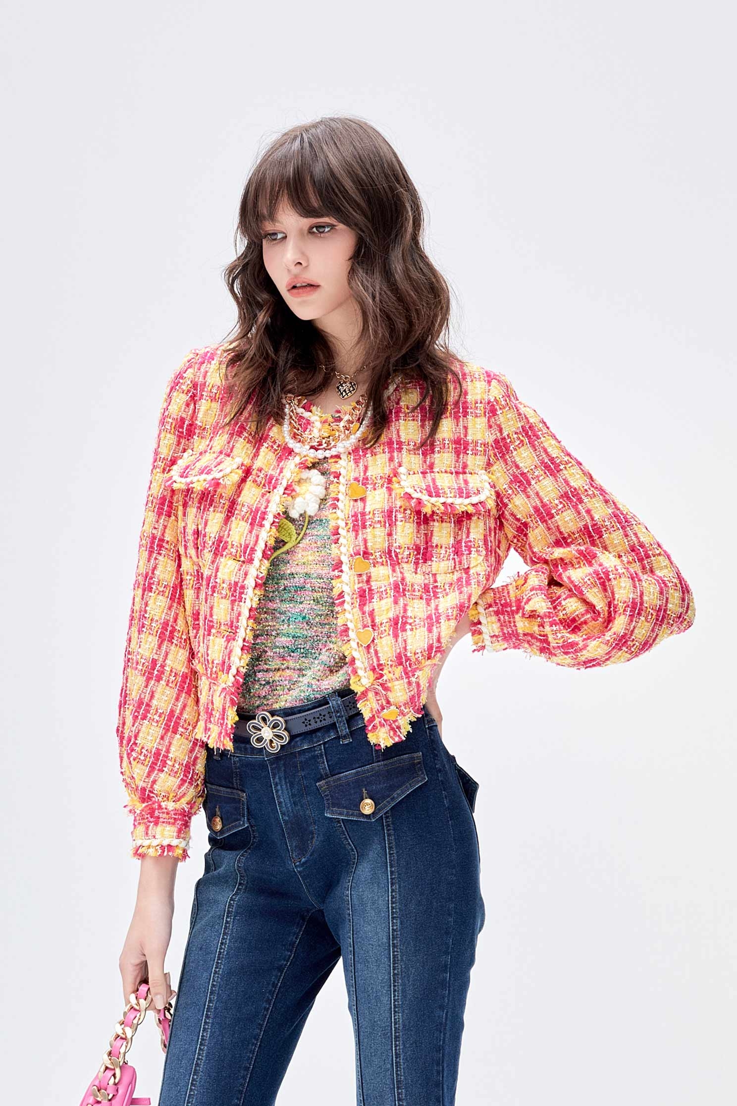 Yellow Red Checkered Tweed JacketYellow Red Checkered Tweed Jacket,Jackets,Season (SS) Look,Plaid