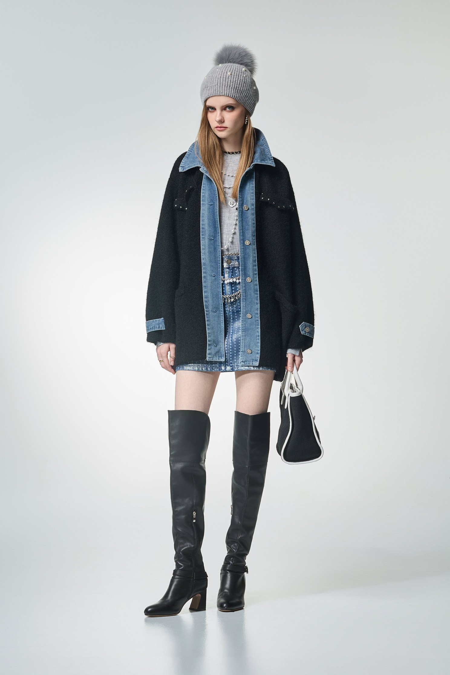 Denim With Knit Fabric Oversize JacketDenim With Knit Fabric Oversize Jacket,Office Looks,Denim,Outerwear,Denim,Season (AW) Look,Valentine,Knitted,Knitted coats