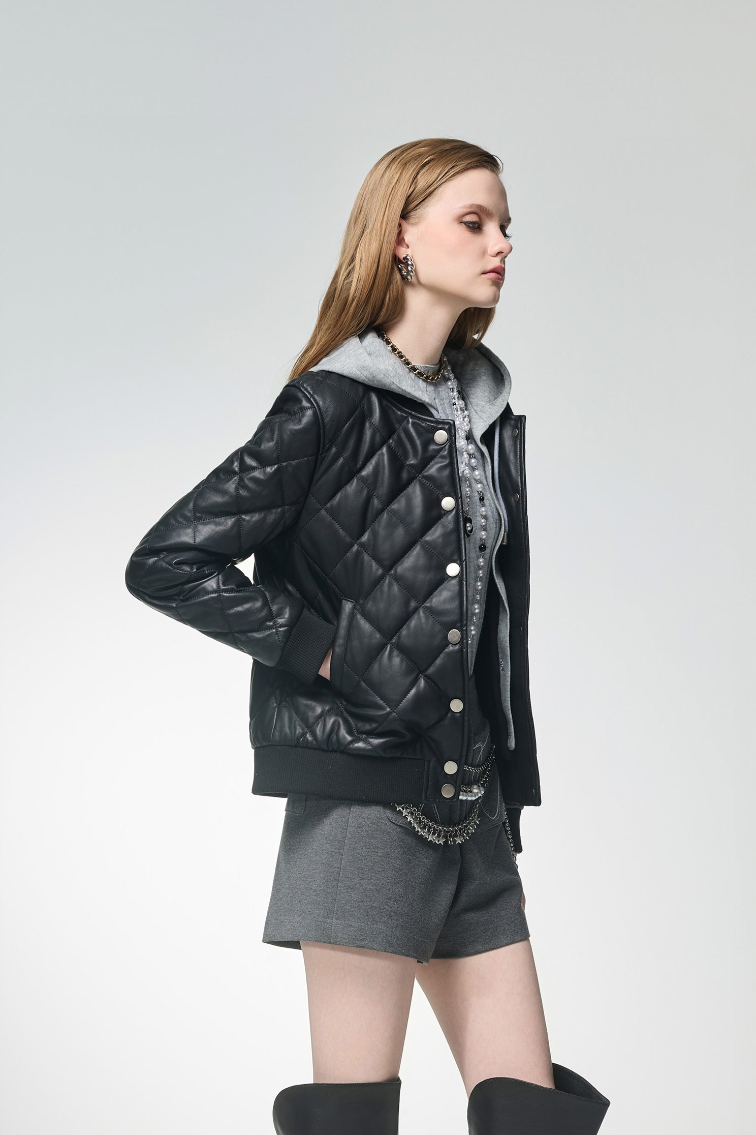 Hoodie Quilted Leather JacketHoodie Quilted Leather Jacket,Office Looks,Outerwear,Plaid,Lether jackets,Season (AW) Look,Hoodie jackets