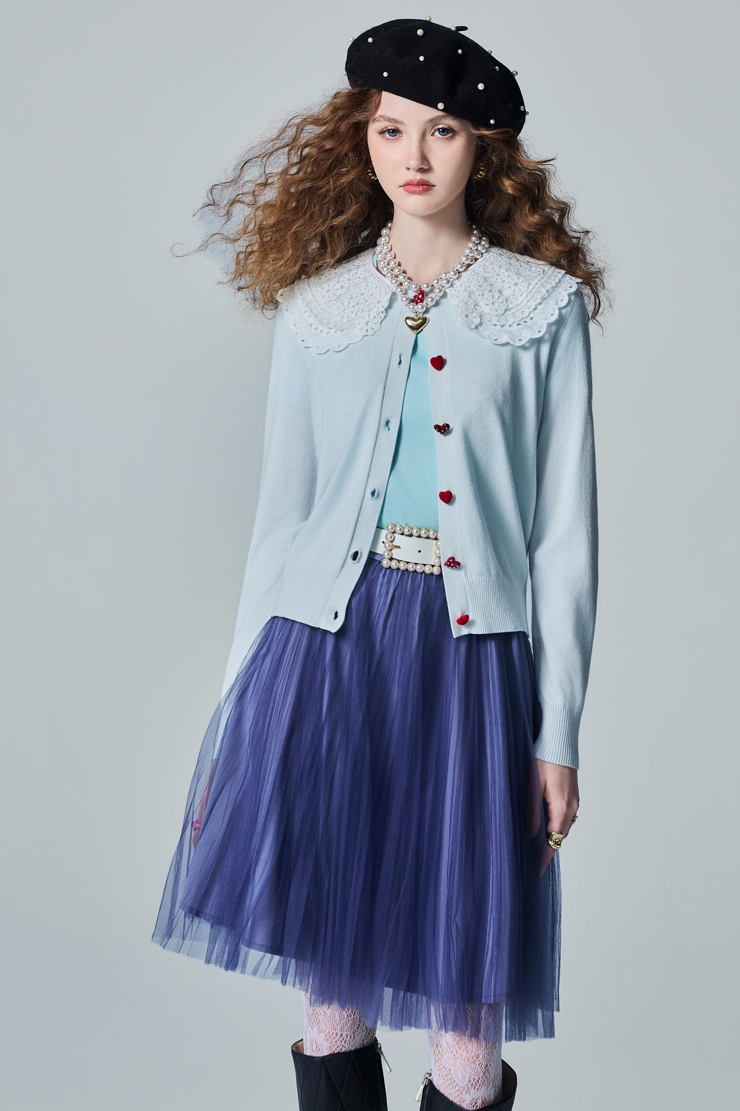 Contrast Lace Collar Blue Knit CardiganContrast Lace Collar Blue Knit Cardigan,Jackets,Outerwear,Season (AW) Look,Lace,Knitted,Knitted coats