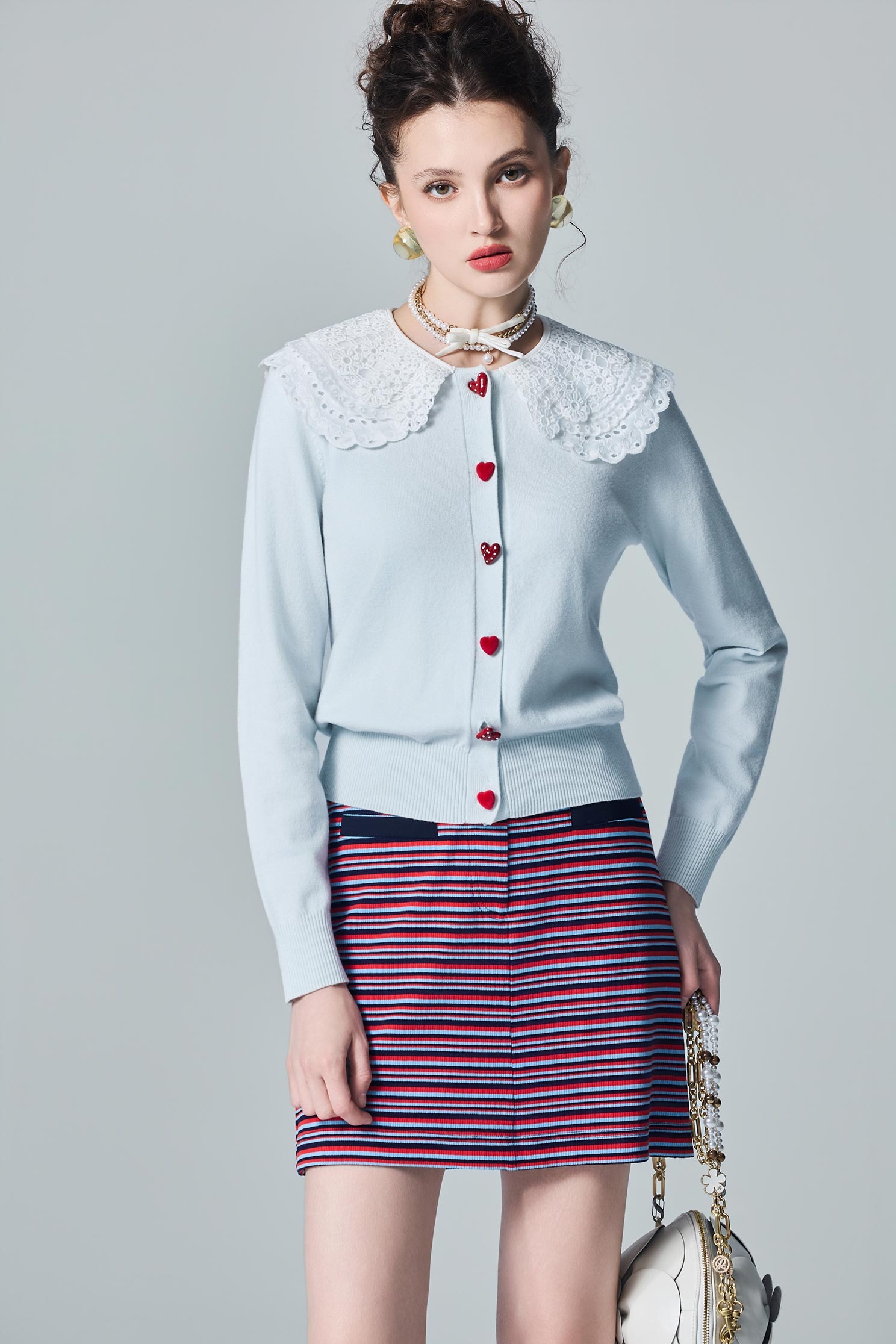 Contrast Lace Collar Blue Knit CardiganContrast Lace Collar Blue Knit Cardigan,Jackets,Outerwear,Season (AW) Look,Lace,Knitted,Knitted coats