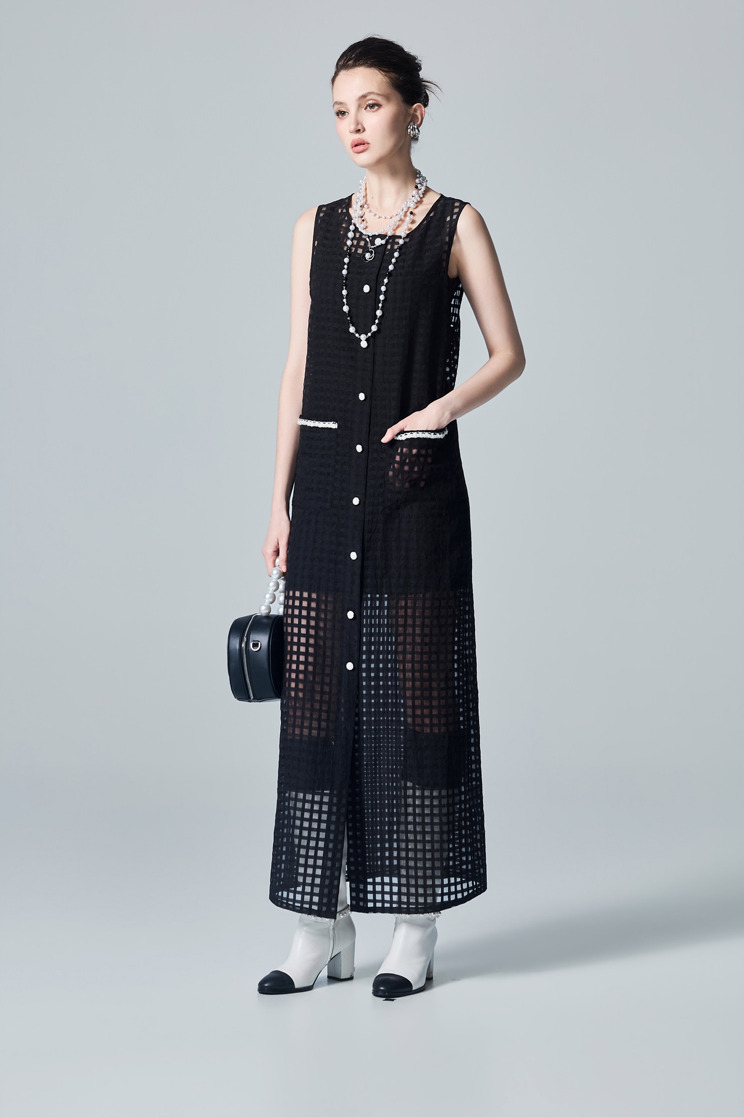 Black Organza Full Length OuterwearBlack Organza Full Length Outerwear,Jackets,sleeveless tops,bestselling,Under shirts,Outerwear,pearl,Season (AW) Look,sleeveless tops,Black outerwear