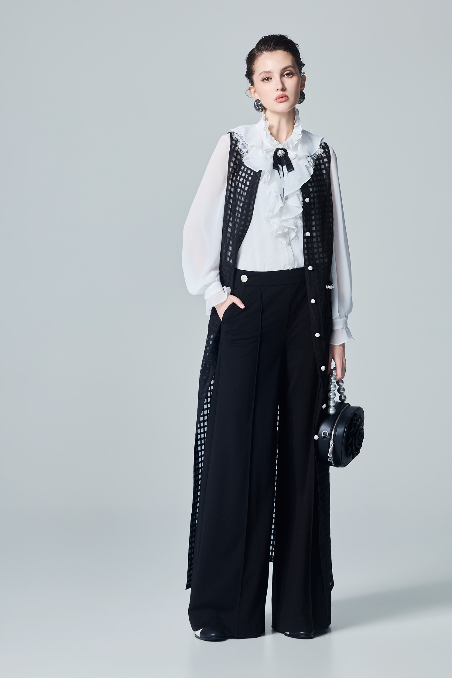 Black Organza Full Length OuterwearBlack Organza Full Length Outerwear,Jackets,sleeveless tops,bestselling,Under shirts,Outerwear,pearl,Season (AW) Look,sleeveless tops,Black outerwear