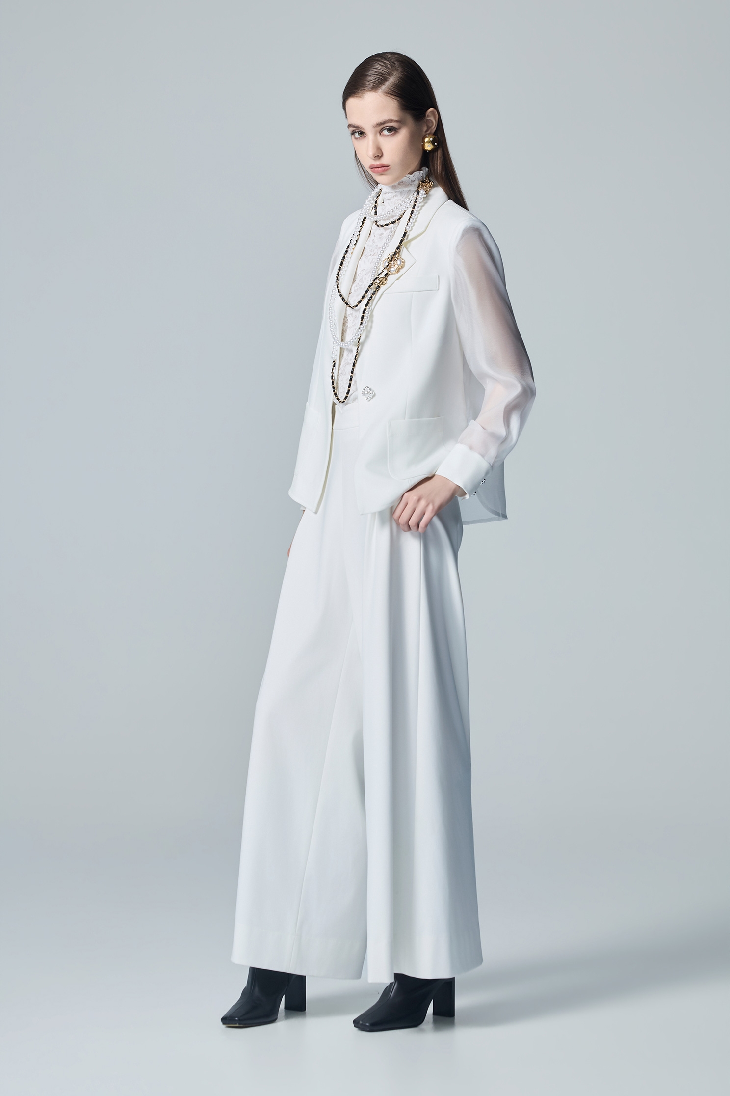 Chiffon Mix Material White BlazerChiffon Mix Material White Blazer,Jackets,bestselling,Outerwear,pearl,White outerwear,Season (AW) Look,Chiffon