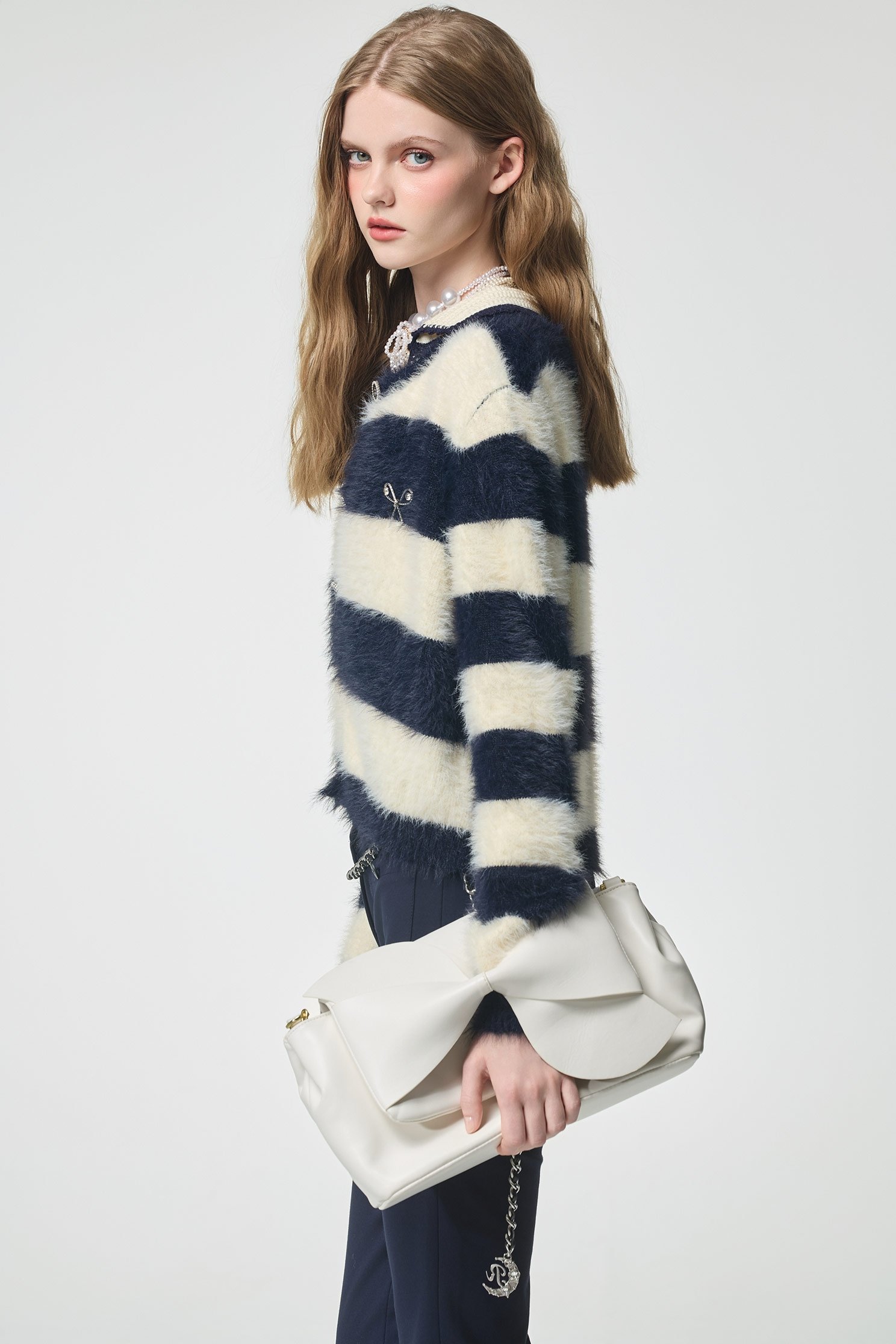Navy Stripe Knit CardiganNavy Stripe Knit Cardigan,Jackets,Outerwear,Season (AW) Look,bows,Knitted,Knitted coats