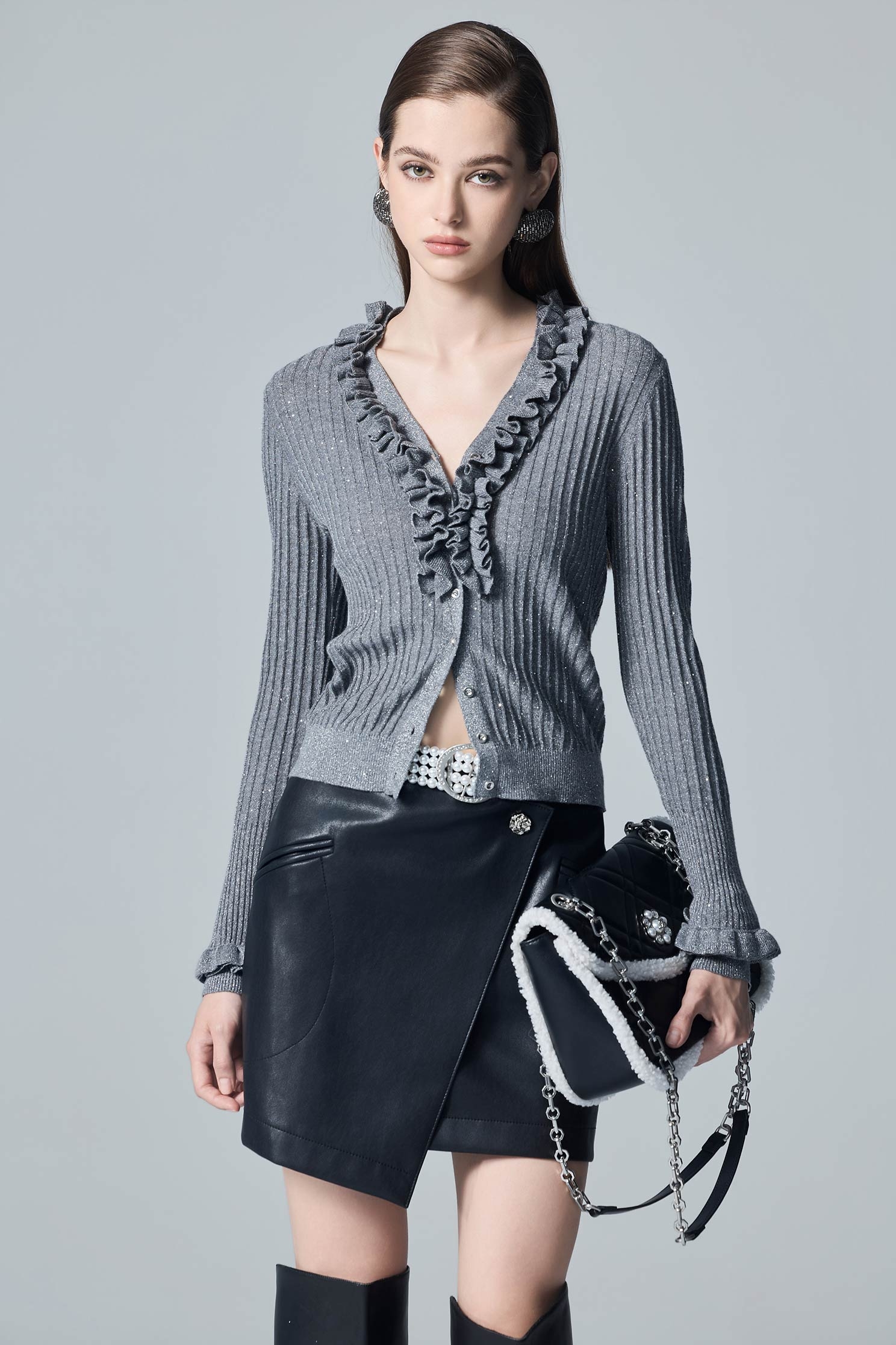Ruffle Detail Grey Knit CardiganRuffle Detail Grey Knit Cardigan,Jackets,Outerwear,Season (AW) Look,Knitted,Knitted tops,Knitted coats