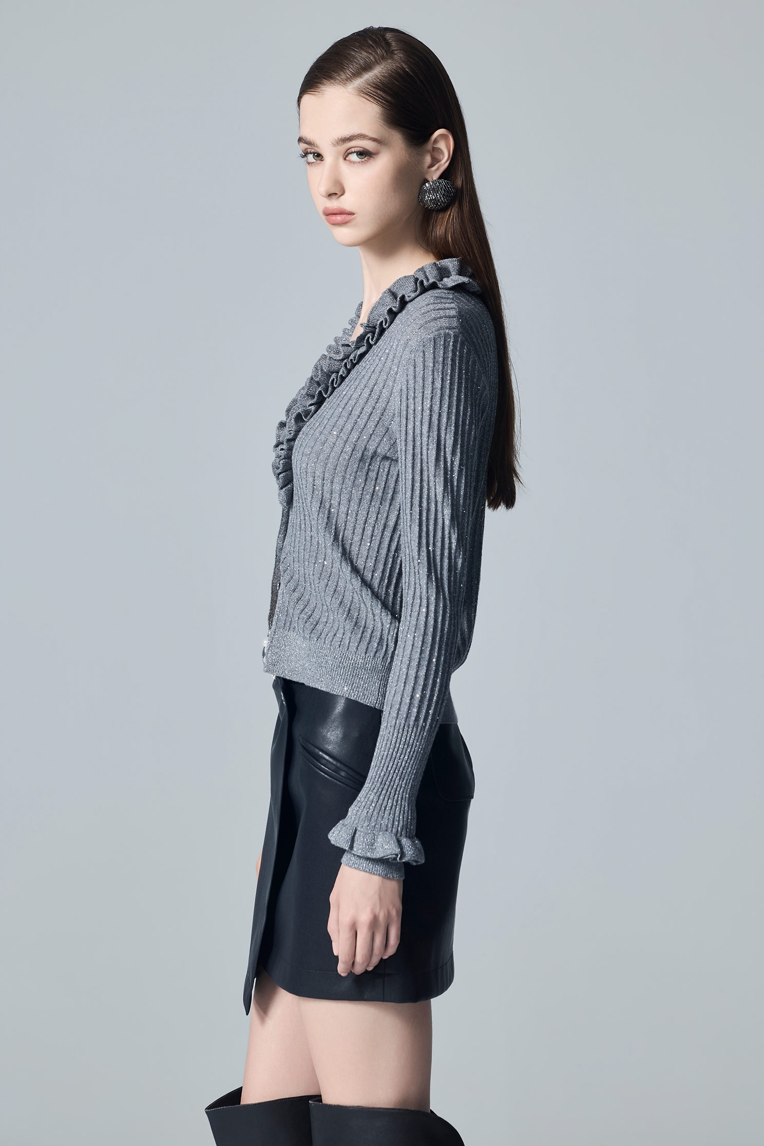 Ruffle Detail Grey Knit CardiganRuffle Detail Grey Knit Cardigan,Jackets,Outerwear,Season (AW) Look,Knitted,Knitted tops,Knitted coats