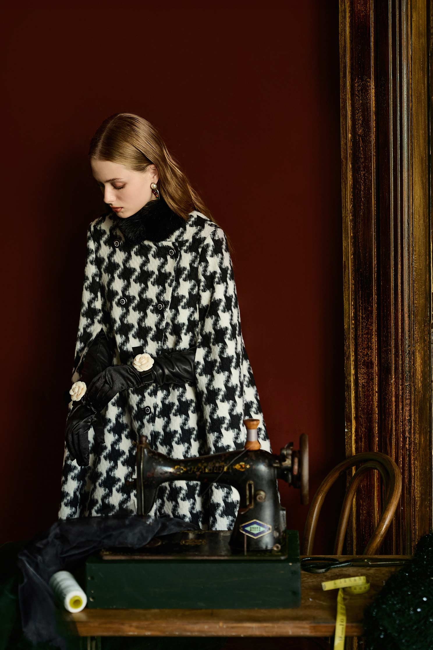 Houndstooth Faux Fur Collar Cape JacketHoundstooth Faux Fur Collar Cape Jacket,Jackets,Outerwear,Season (AW) Look