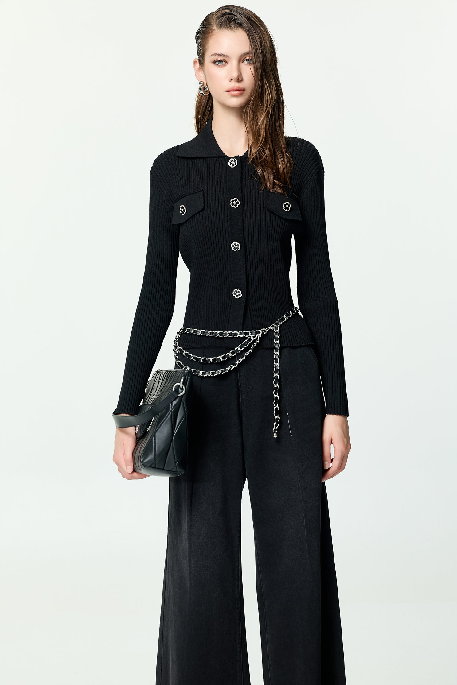 Floral Button Long Sleeve Knit CardiganFloral Button Long Sleeve Knit Cardigan,Jackets,Outerwear,Season (AW) Look,Knitted,Knitted coats,Black outerwear