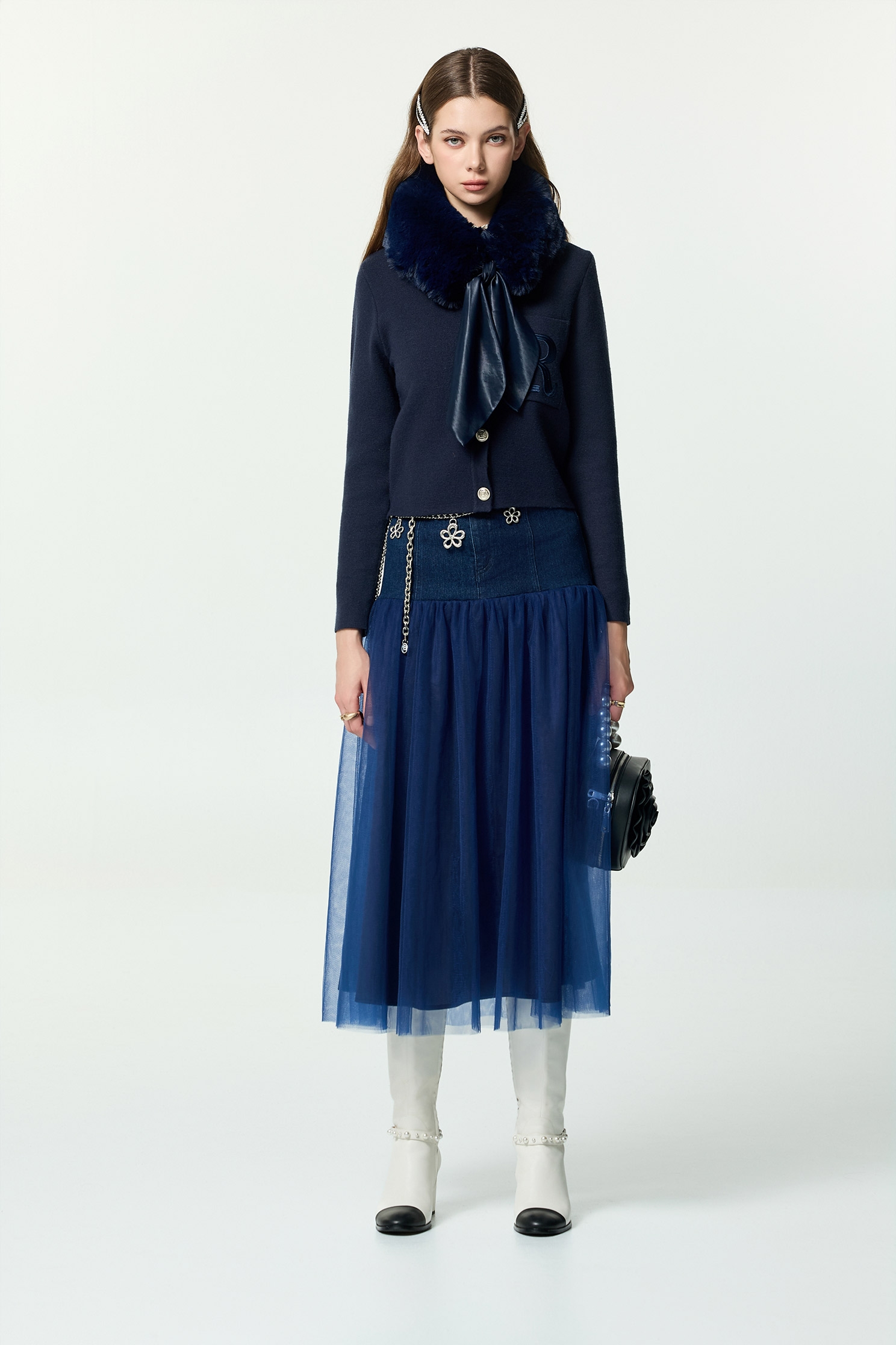 Detachable Faux Fur Collar Navy CardiganDetachable Faux Fur Collar Navy Cardigan,Jackets,Embroidered,Outerwear,Season (AW) Look,Valentine,Knitted,Knitted coats