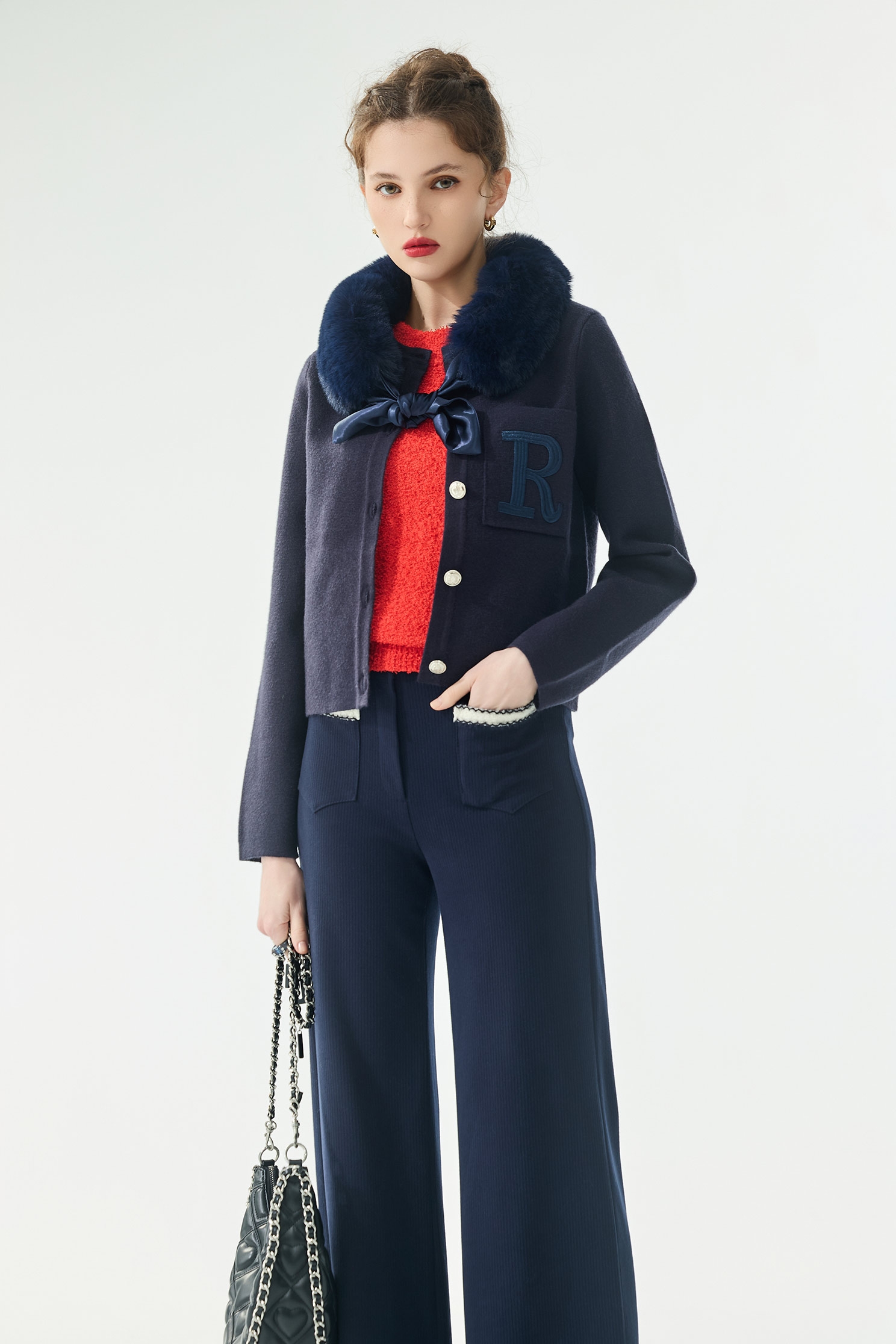 Detachable Faux Fur Collar Navy CardiganDetachable Faux Fur Collar Navy Cardigan,Jackets,Embroidered,Outerwear,Season (AW) Look,Valentine,Knitted,Knitted coats