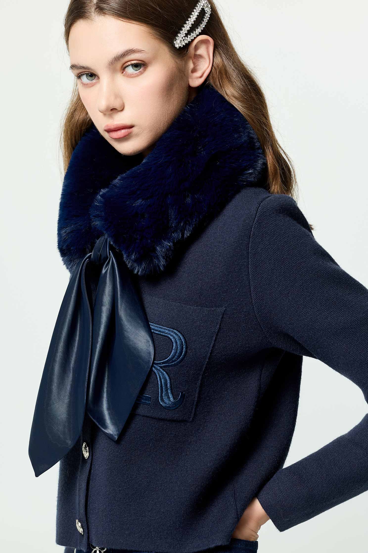 Detachable Faux Fur Collar Navy CardiganDetachable Faux Fur Collar Navy Cardigan,Jackets,Embroidered,Outerwear,Season (AW) Look,Valentine,Knitted,Knitted coats