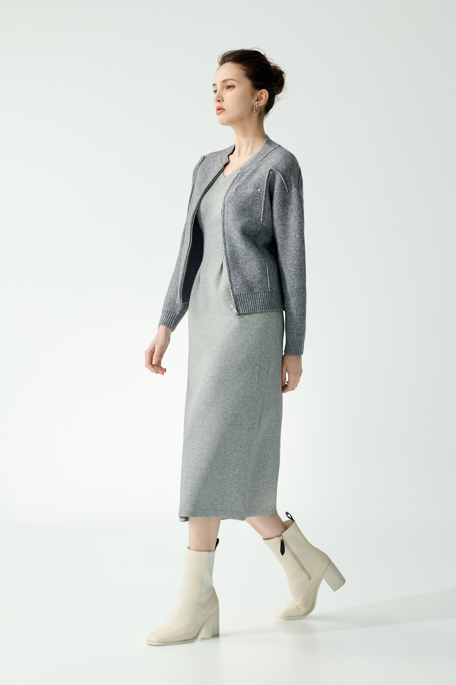 Front Zip Grey Knit CardiganFront Zip Grey Knit Cardigan,Jackets,Outerwear,pearl,Season (AW) Look,Knitted,Knitted coats