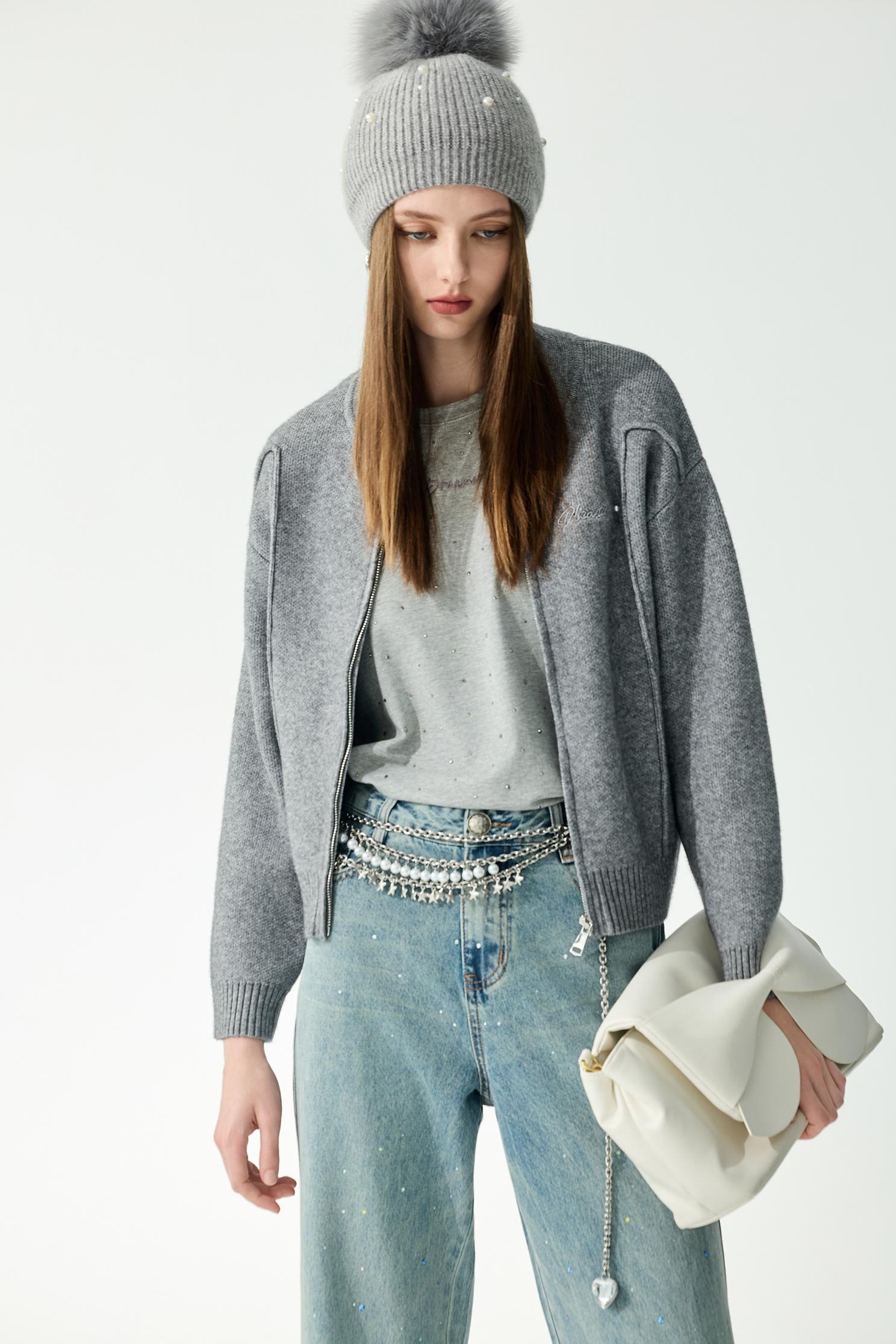 Front Zip Grey Knit CardiganFront Zip Grey Knit Cardigan,Jackets,Outerwear,pearl,Season (AW) Look,Knitted,Knitted coats