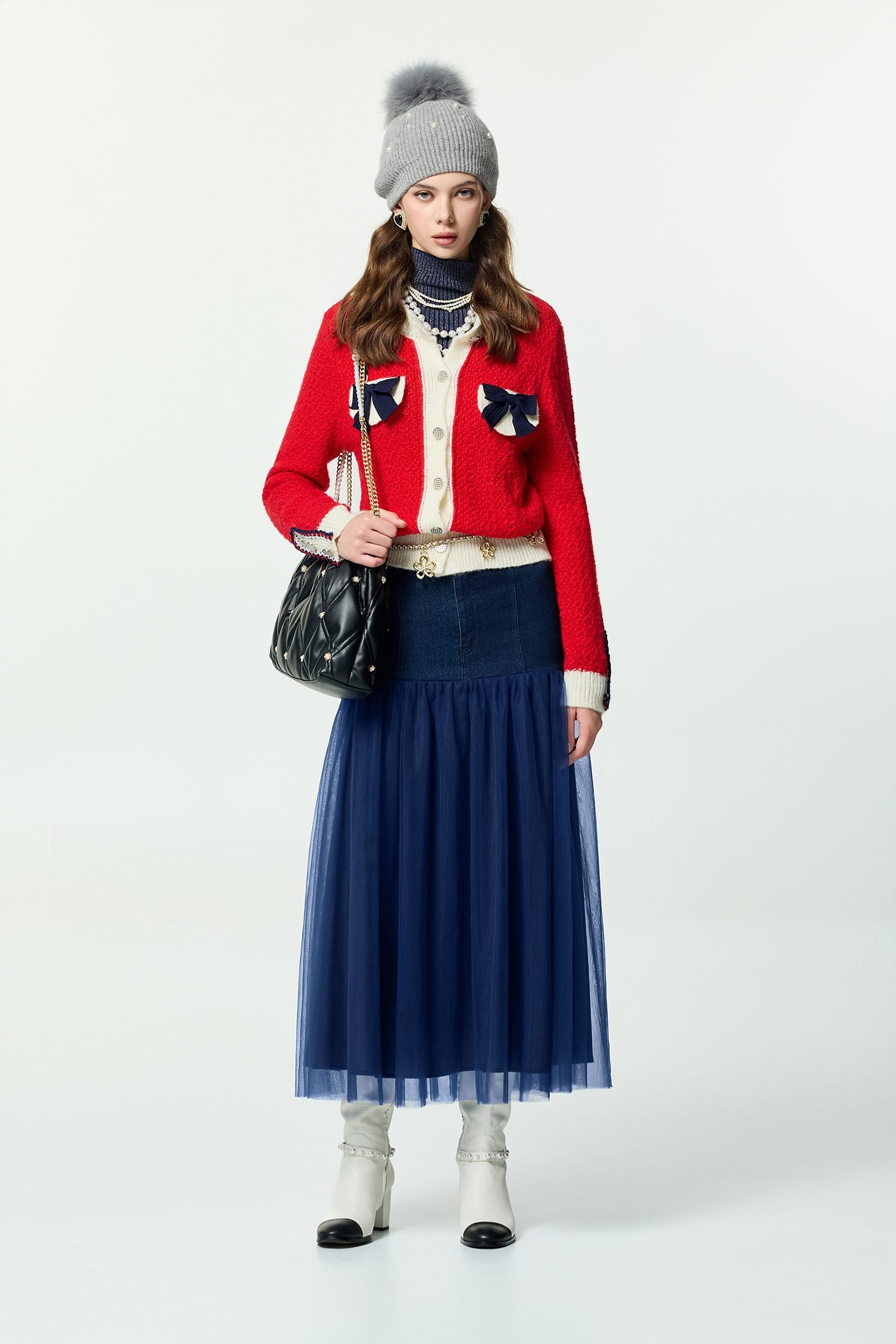 Navy Bow Detail Red CardiganNavy Bow Detail Red Cardigan,Tops,Outerwear,Season (AW) Look,Valentine,bows,Knitted,Knitted coats