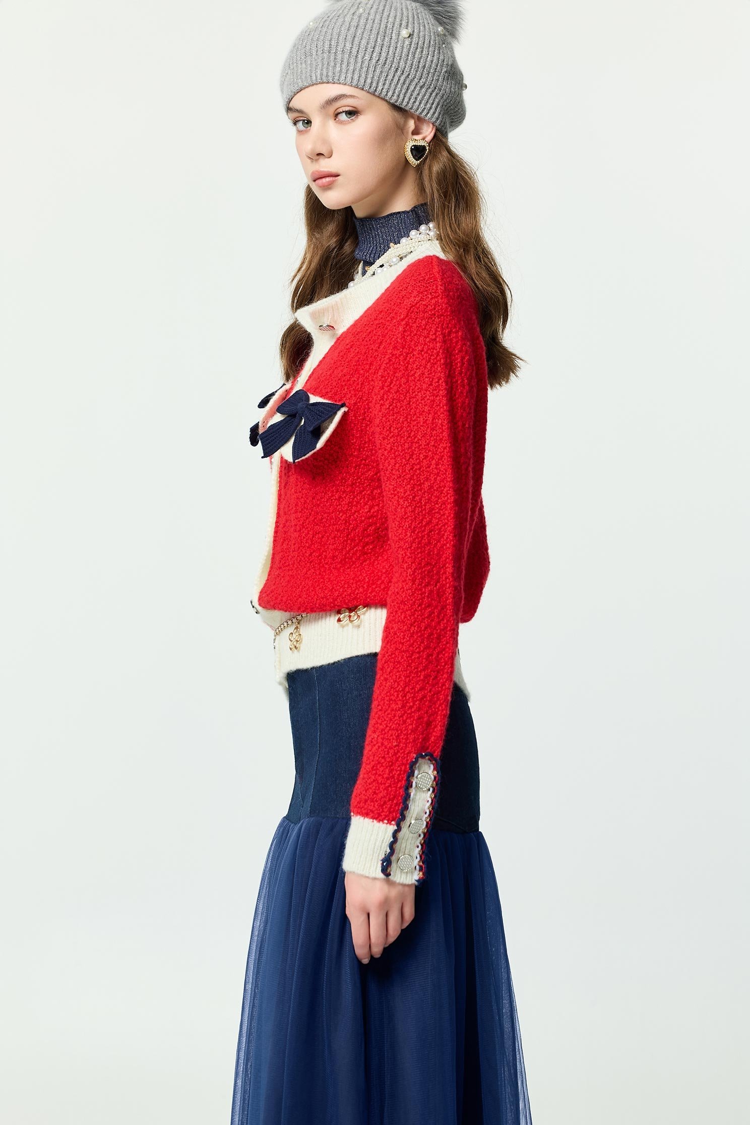 Navy Bow Detail Red CardiganNavy Bow Detail Red Cardigan,Tops,Outerwear,Season (AW) Look,Valentine,bows,Knitted,Knitted coats