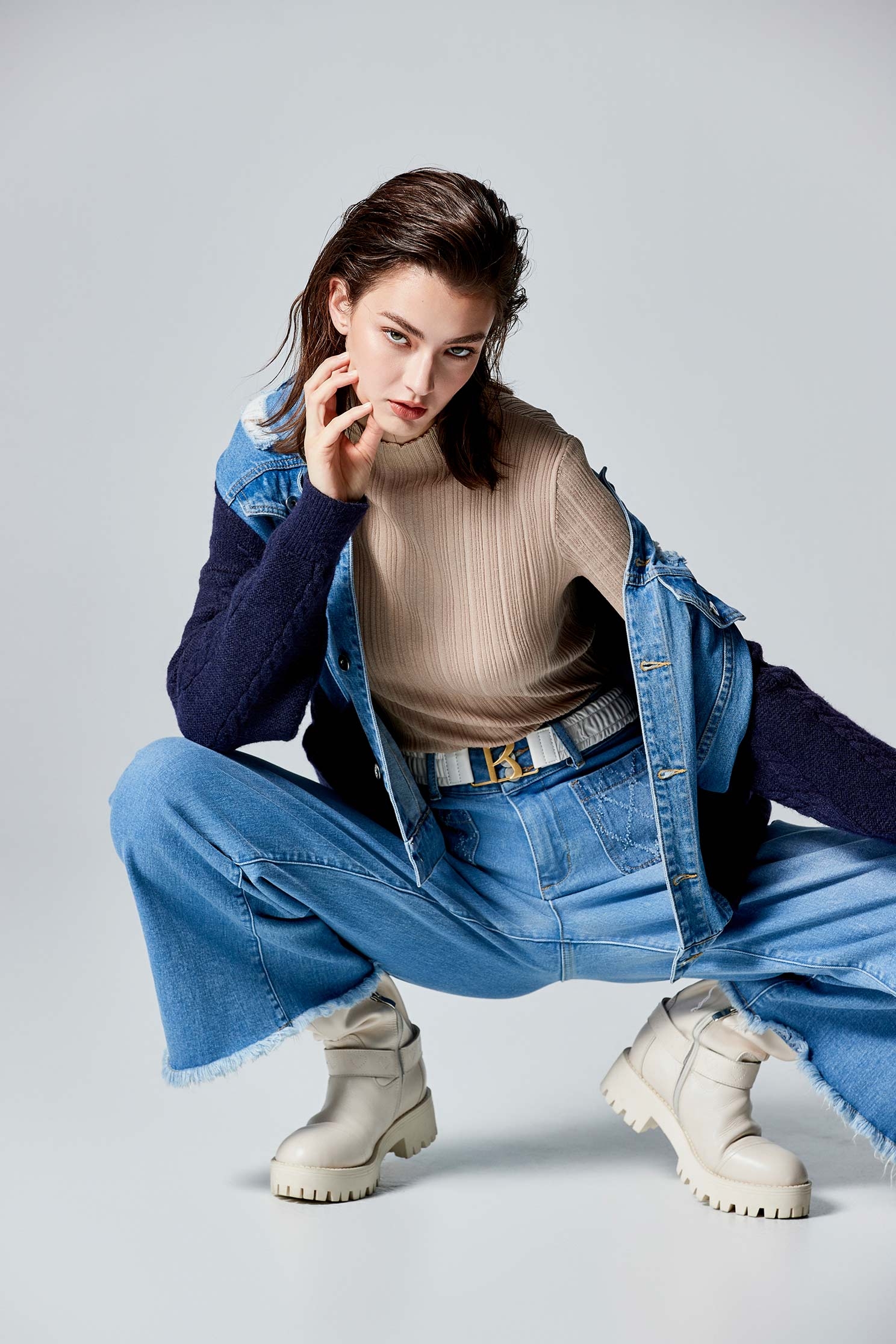 Denim With Knit Contrast JacketKnit denim coat with color matching,Jackets,bestselling,Outerwear,Denim,Denim Jackets,Season (AW) Look,fashionart,Knitted,Knitted coats