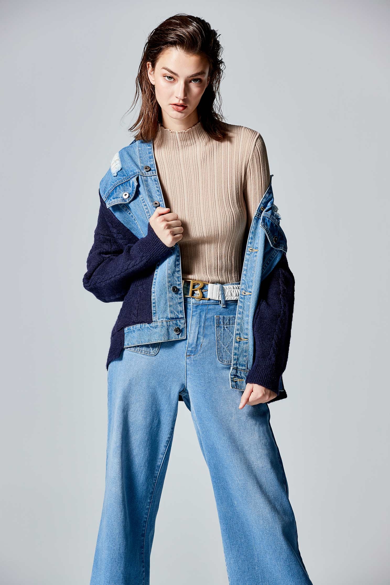 Denim With Knit Contrast JacketKnit denim coat with color matching,Jackets,bestselling,Outerwear,Denim,Denim Jackets,Season (AW) Look,fashionart,Knitted,Knitted coats