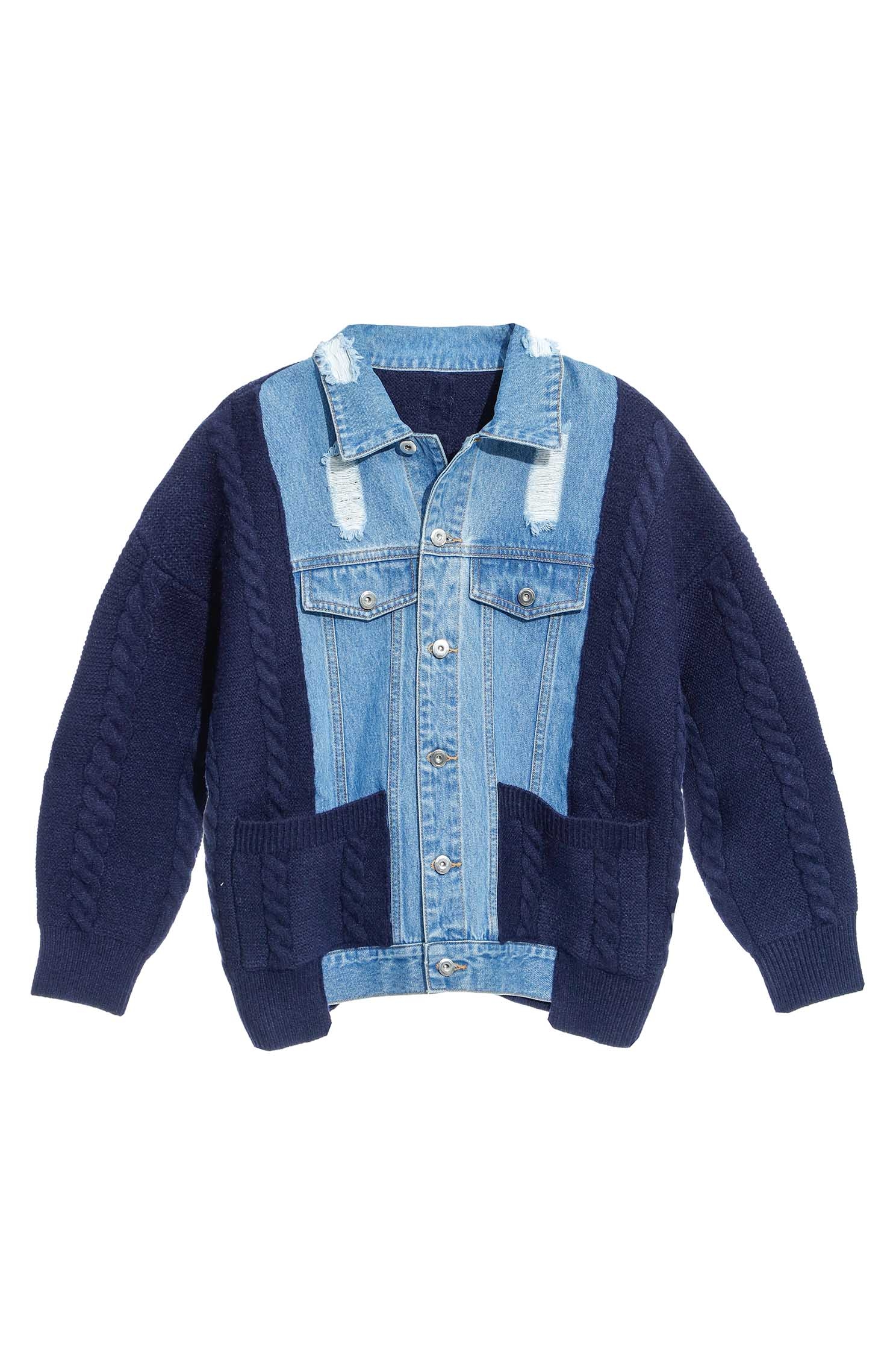 Denim With Knit Contrast JacketKnit denim coat with color matching,Jackets,bestselling,Outerwear,Denim,Denim Jackets,Season (AW) Look,fashionart,Knitted,Knitted coats