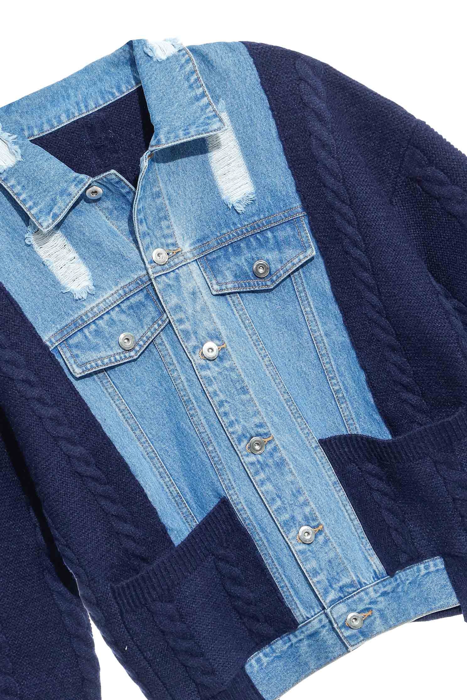 Denim With Knit Contrast JacketKnit denim coat with color matching,Jackets,bestselling,Outerwear,Denim,Denim Jackets,Season (AW) Look,fashionart,Knitted,Knitted coats
