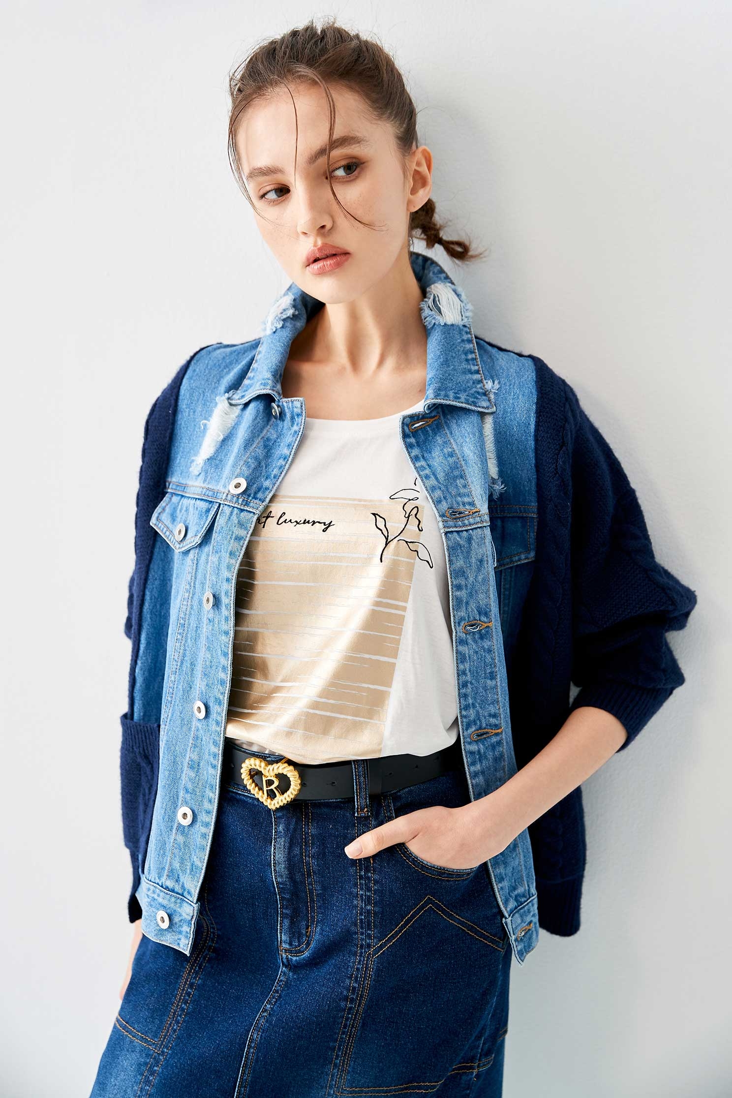 Denim With Knit Contrast JacketKnit denim coat with color matching,Jackets,bestselling,Outerwear,Denim,Denim Jackets,Season (AW) Look,fashionart,Knitted,Knitted coats
