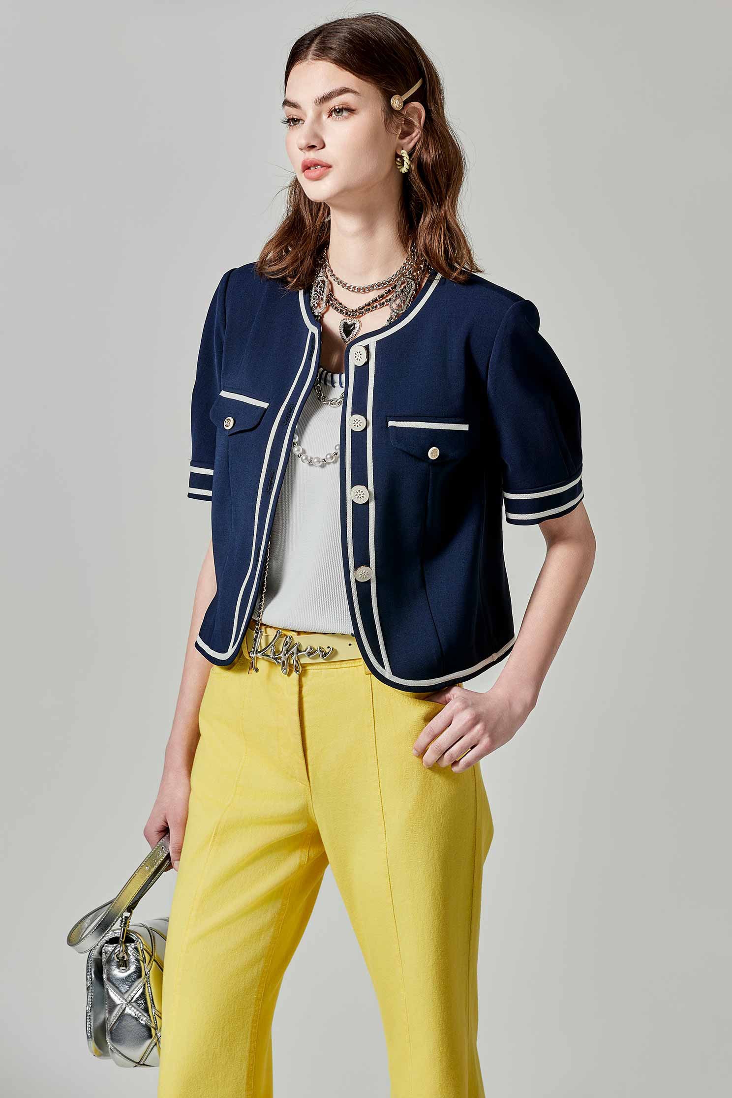 Short Sleeve Navy Outerwear With Contrast Trim DetailShort Sleeve Navy Outerwear With Contrast Trim Detail,Jackets,Outerwear,Season (SS) Look