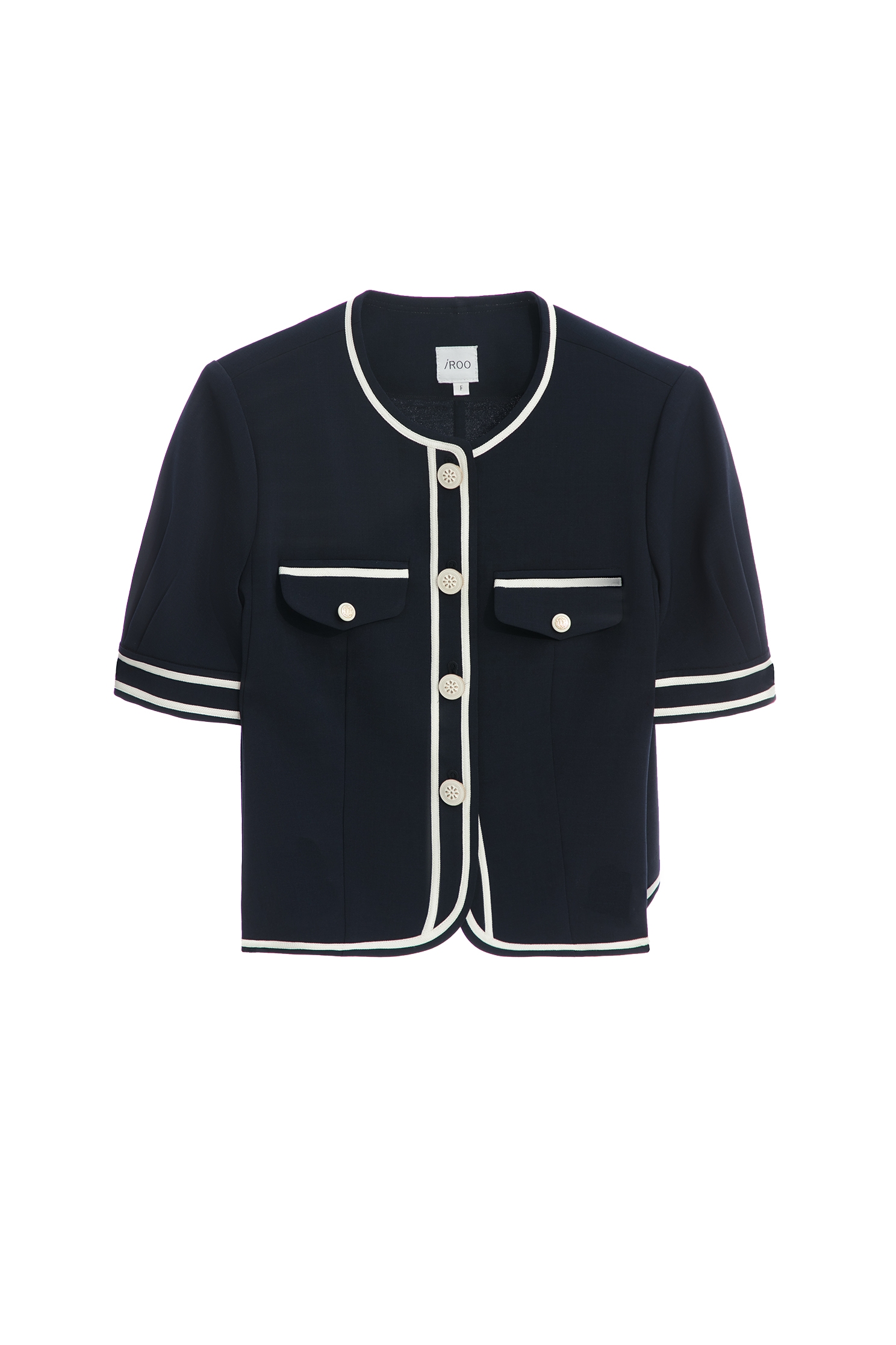 Short Sleeve Navy Outerwear With Contrast Trim DetailShort Sleeve Navy Outerwear With Contrast Trim Detail,Jackets,Outerwear,Season (SS) Look