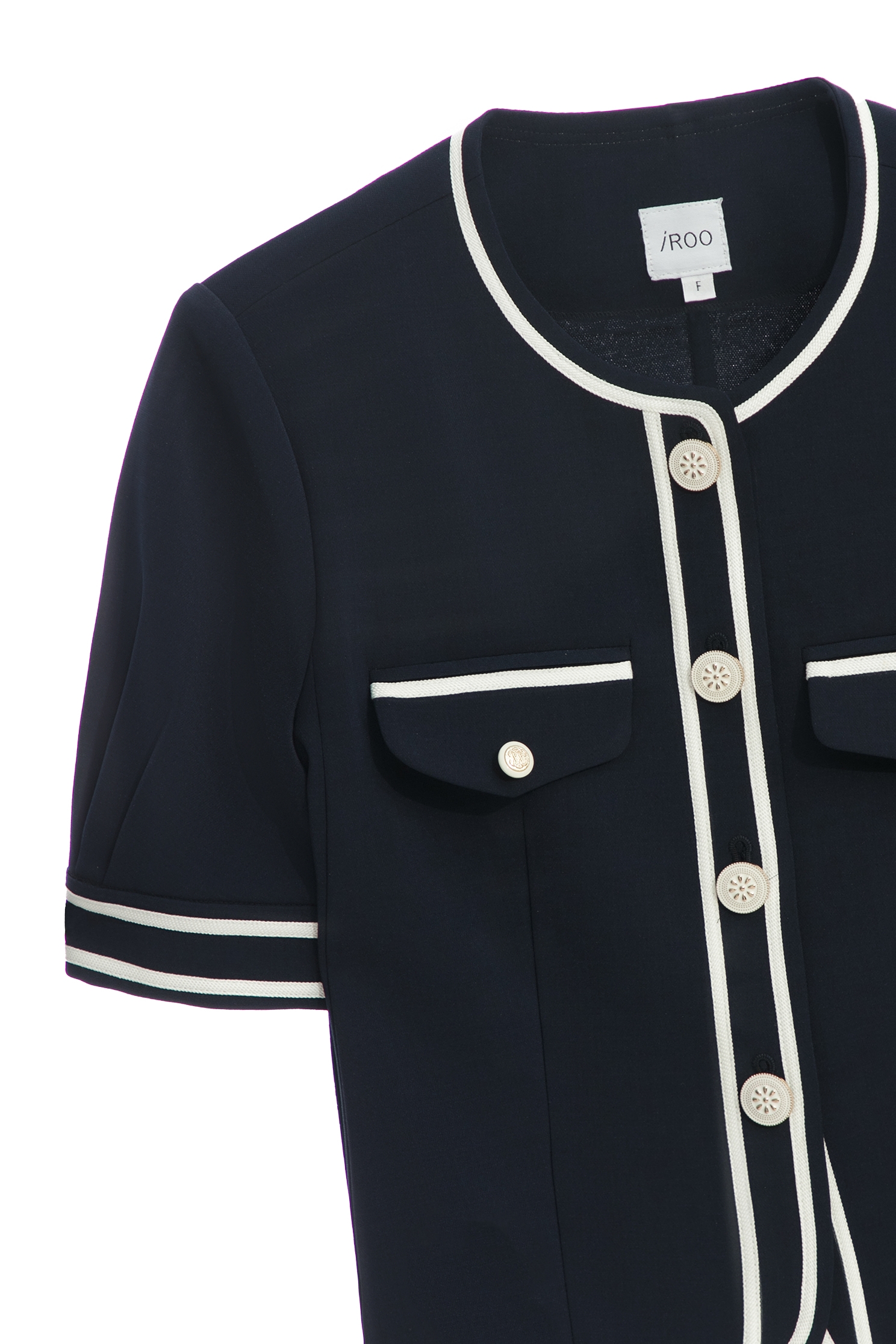 Short Sleeve Navy Outerwear With Contrast Trim DetailShort Sleeve Navy Outerwear With Contrast Trim Detail,Jackets,Outerwear,Season (SS) Look