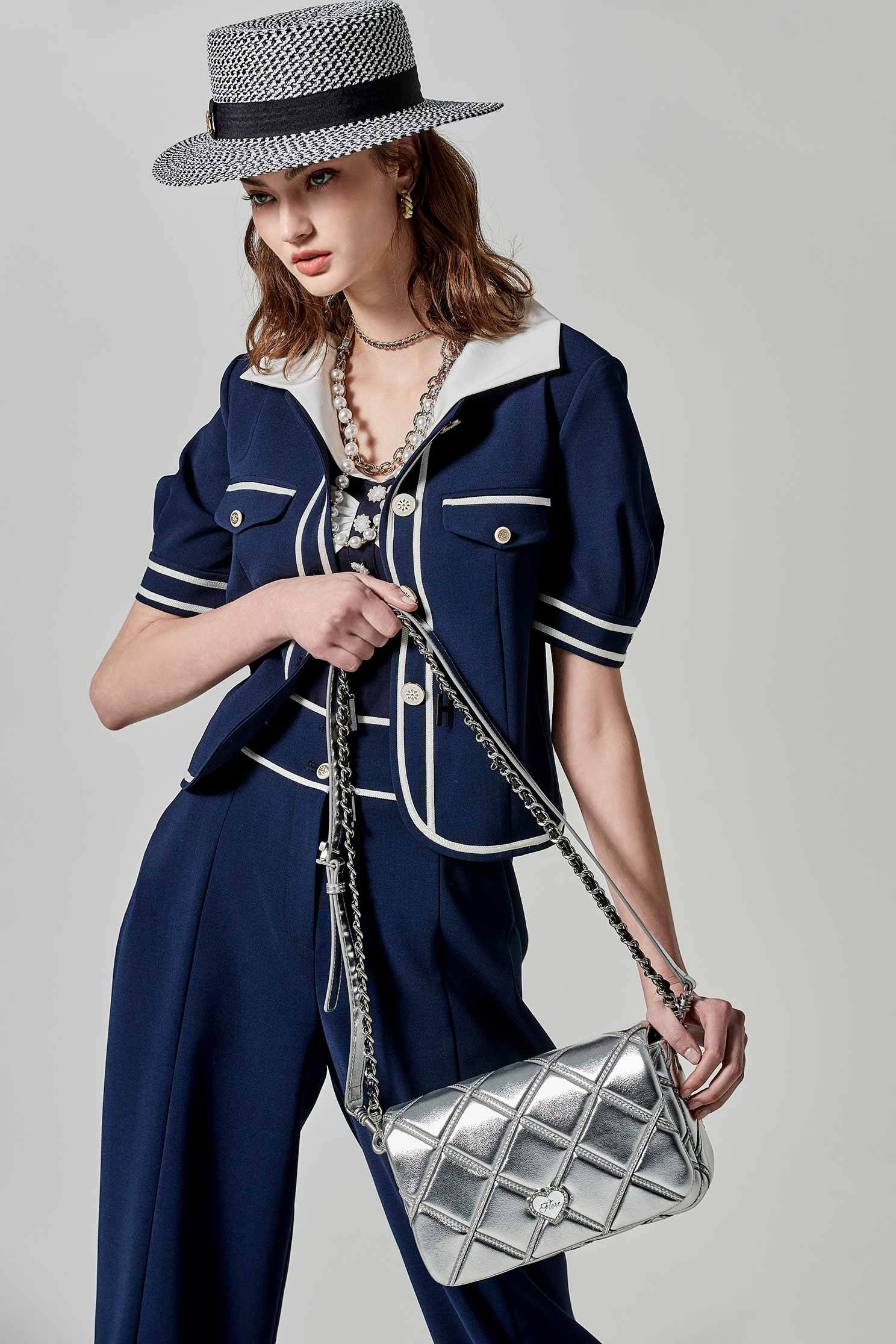 Short Sleeve Navy Outerwear With Contrast Trim DetailShort Sleeve Navy Outerwear With Contrast Trim Detail,Jackets,Outerwear,Season (SS) Look