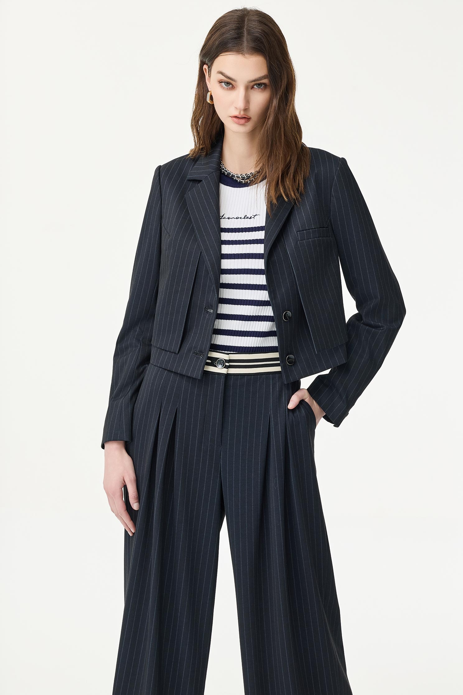 Pinstripe Navy Crop BlazerPinstripe Navy Crop Blazer,Outerwear,Season (SS) Look,Stripe,Blazers,Long sleeve outerwear