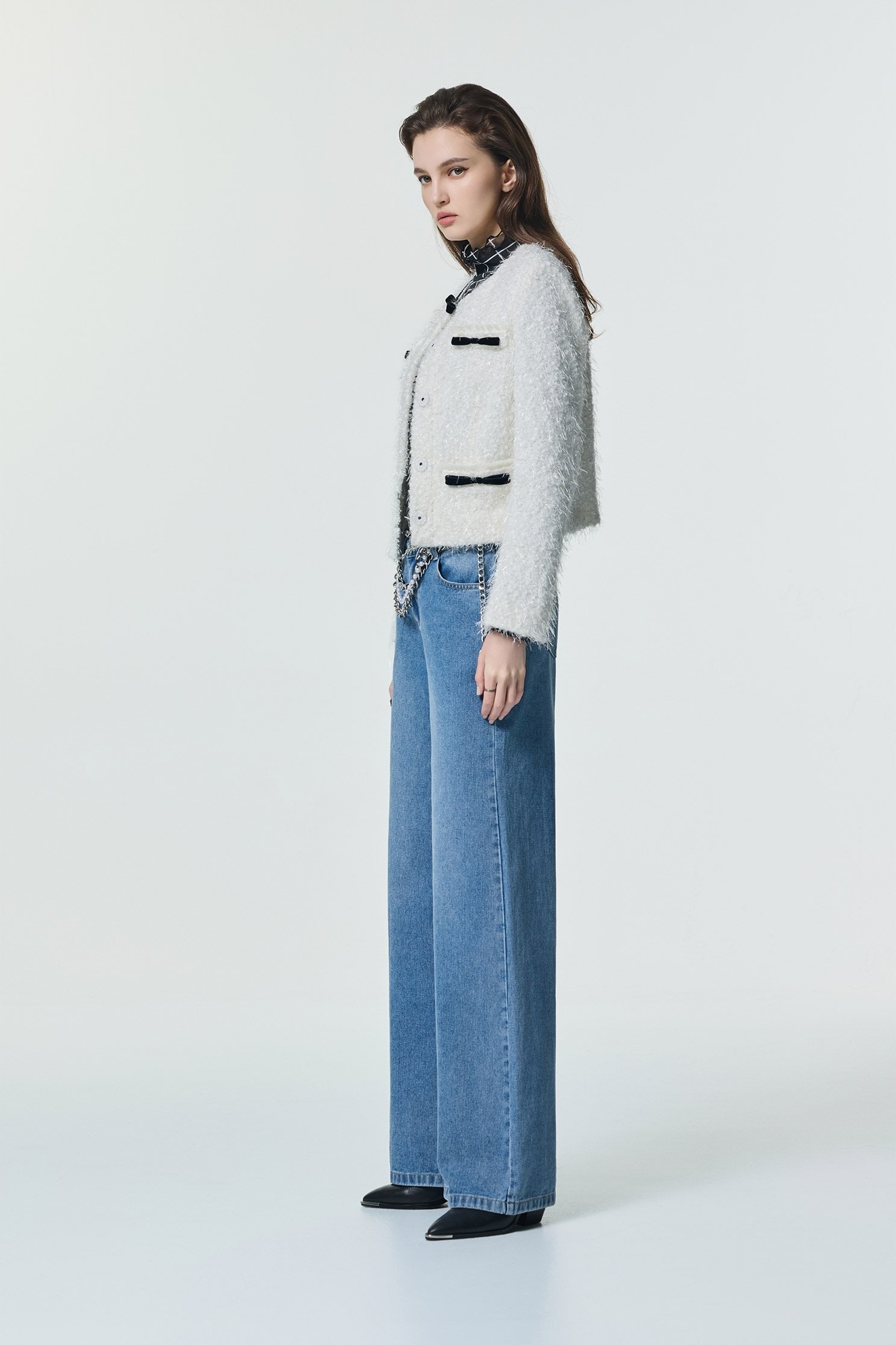 Contrast Black Bow Fringe JacketContrast Black Bow Fringe Jacket,Jackets,Outerwear,Season (SS) Look,White outerwear,bows