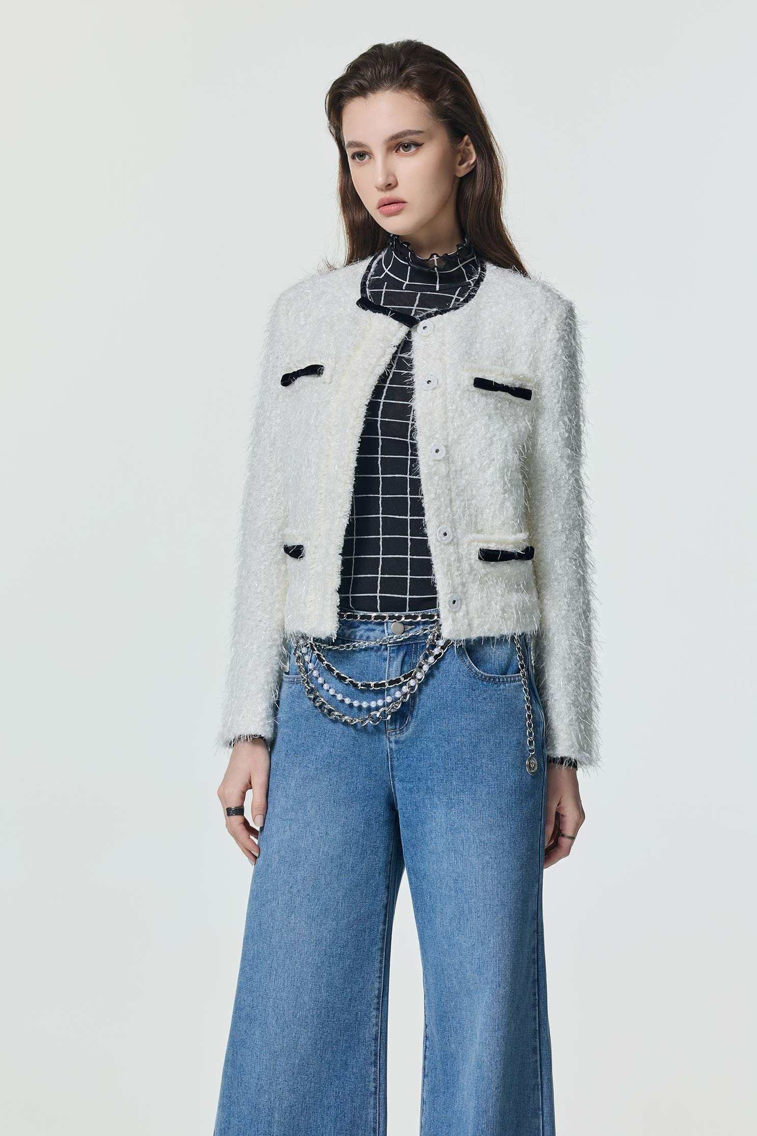 Contrast Black Bow Fringe JacketContrast Black Bow Fringe Jacket,Jackets,Outerwear,Season (SS) Look,White outerwear,bows