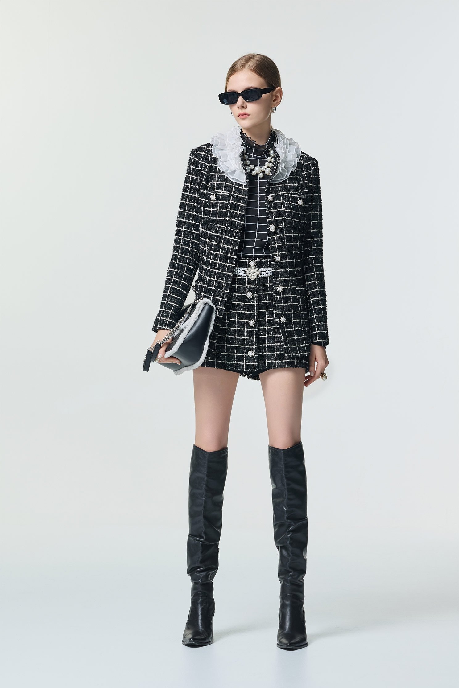 Classic Checkered Mid Length JacketClassic Checkered Mid Length Jacket,Jackets,Outerwear,Season (SS) Look,pearl,Knitted