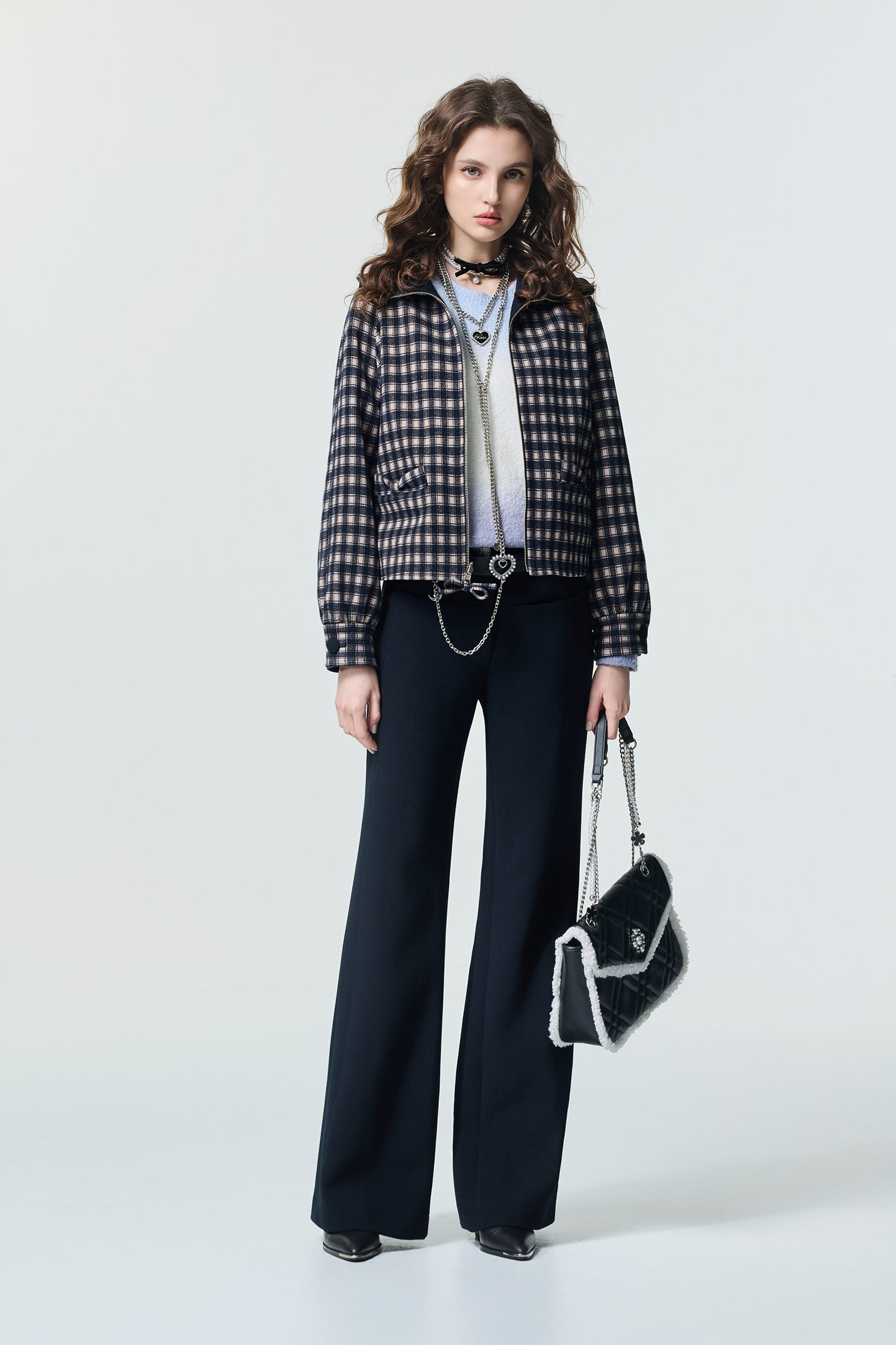 Checkered Two-way Hoodie JacketCheckered Two-way Hoodie Jacket,Jackets,Outerwear,Season (SS) Look,Plaid,bows