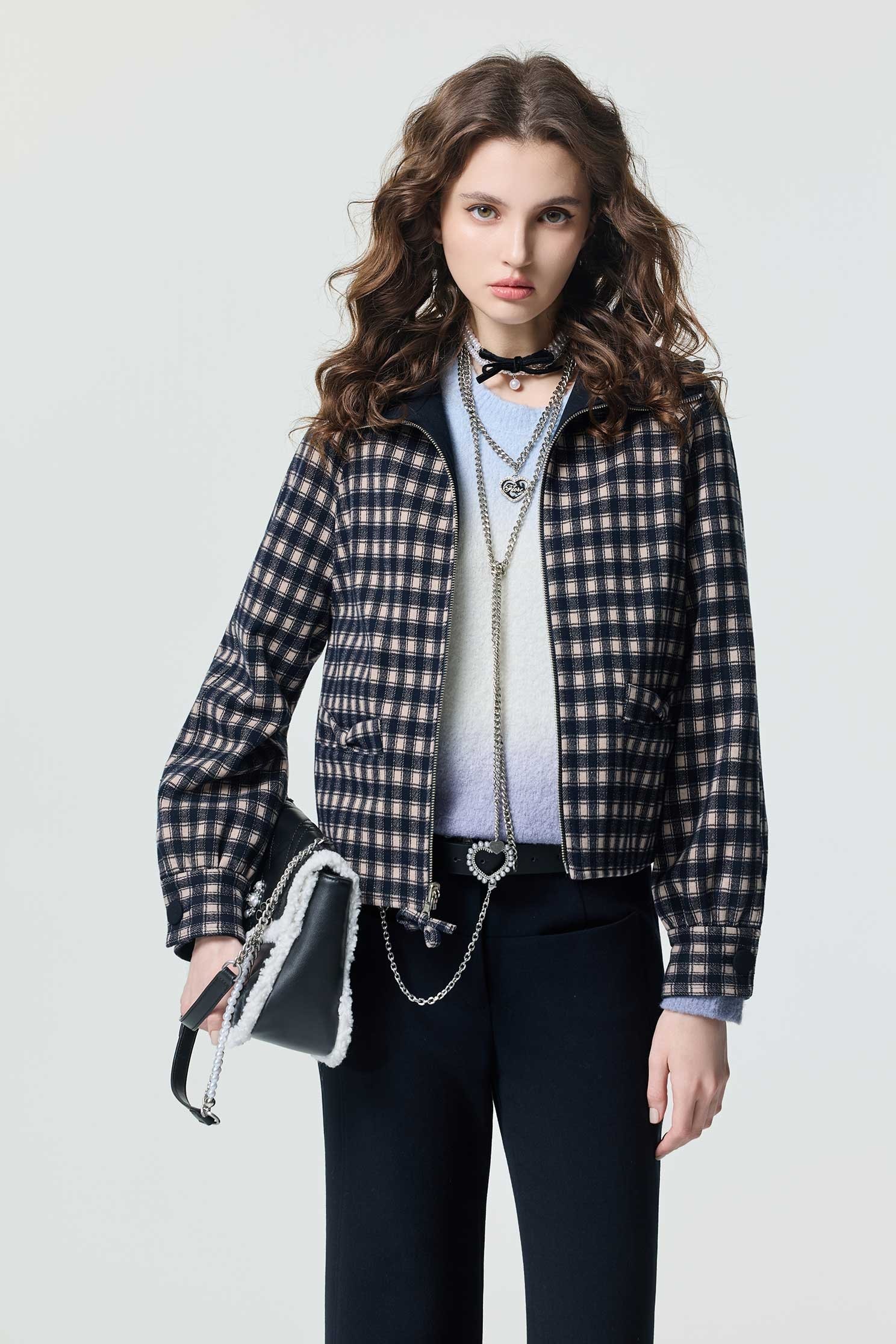 Checkered Two-way Hoodie JacketCheckered Two-way Hoodie Jacket,Jackets,Outerwear,Season (SS) Look,Plaid,bows