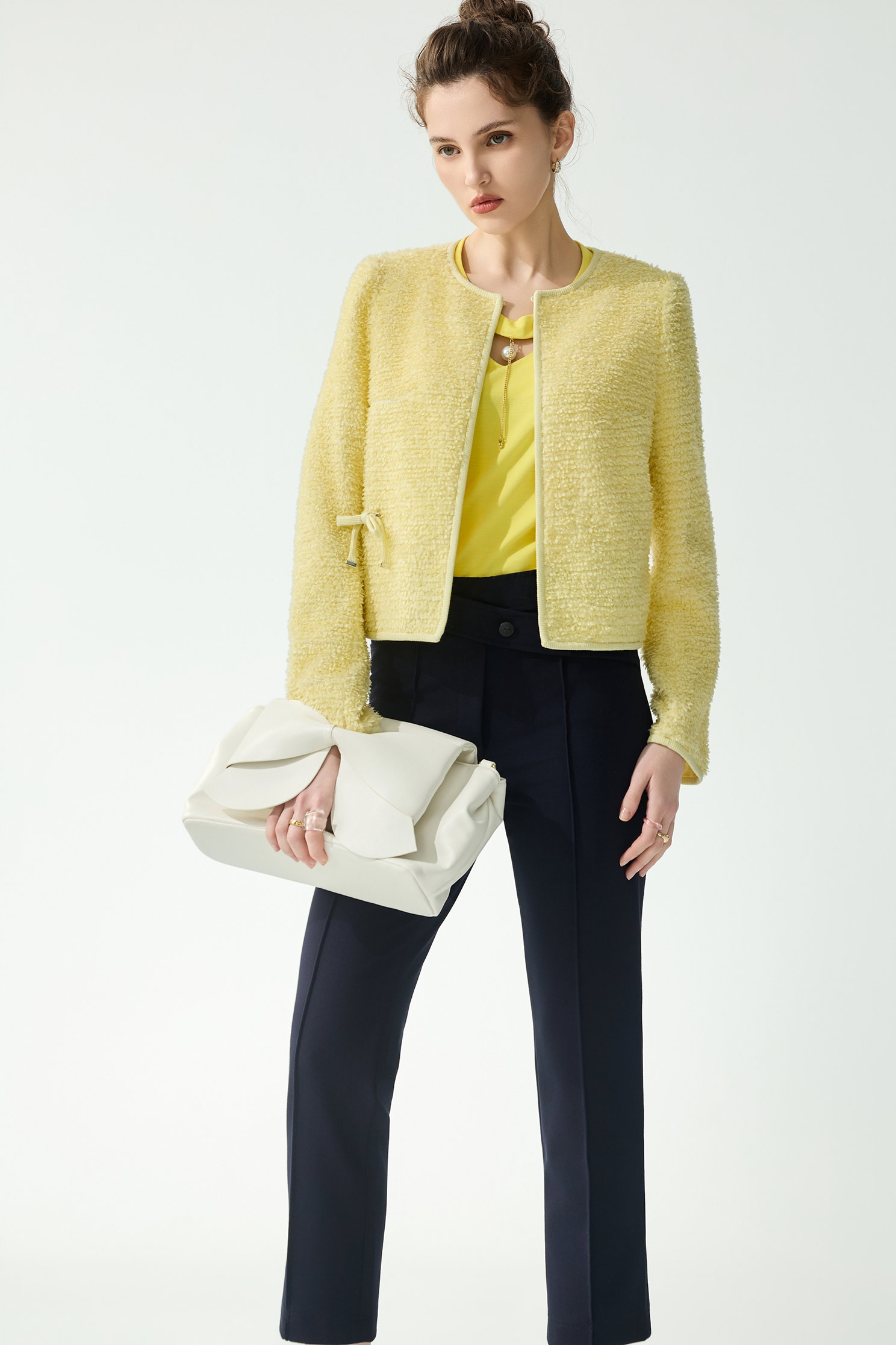 Pale Yellow Front Bow Detail JacketPale Yellow Front Bow Detail Jacket,Jackets,Outerwear,Season (AW) Look,bows