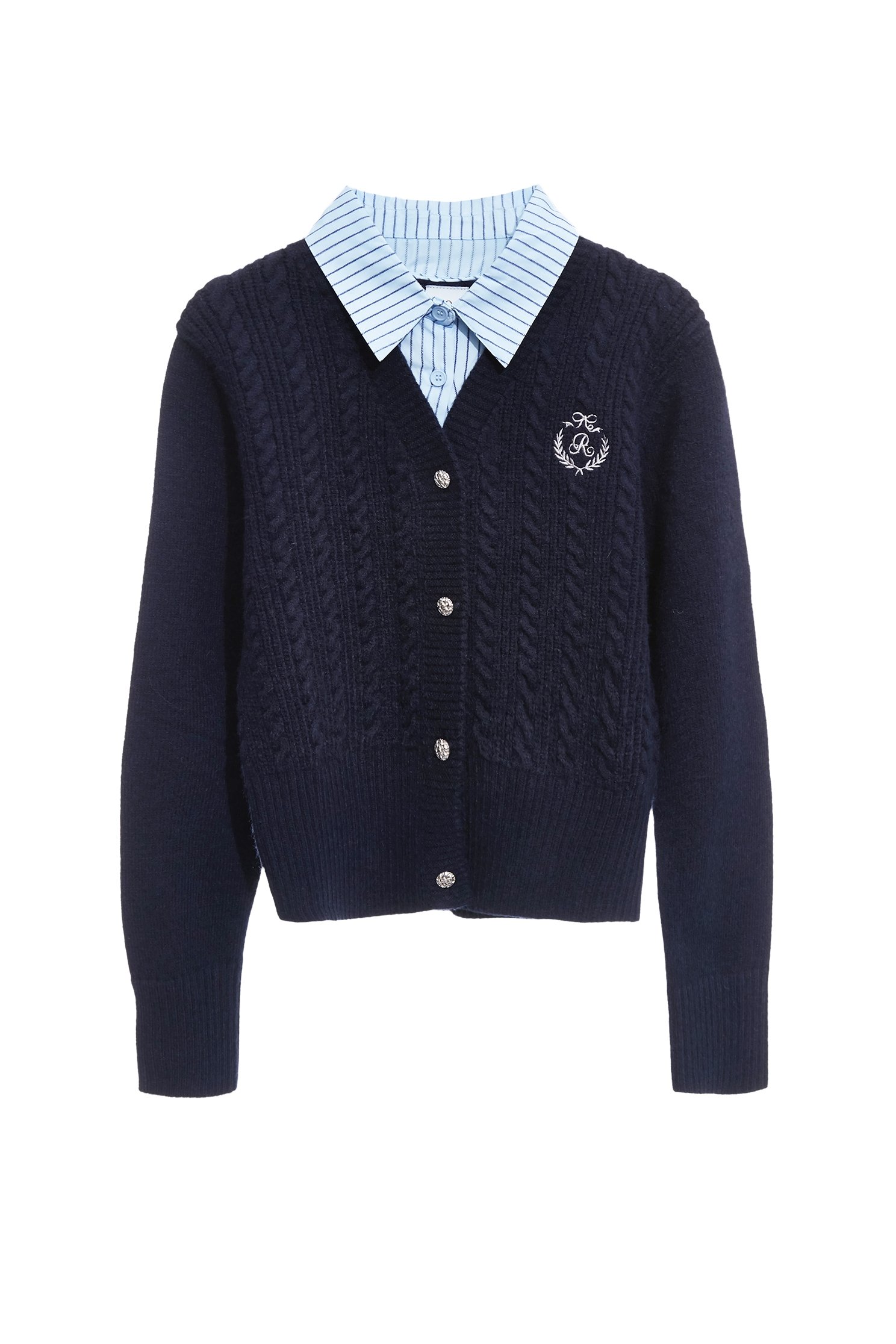 Stripe Collar Navy Knit CardiganStripe Collar Navy Knit Cardigan,Jackets,Embroidered,Outerwear,Season (SS) Look,Stripe,Knitted,Knitted coats