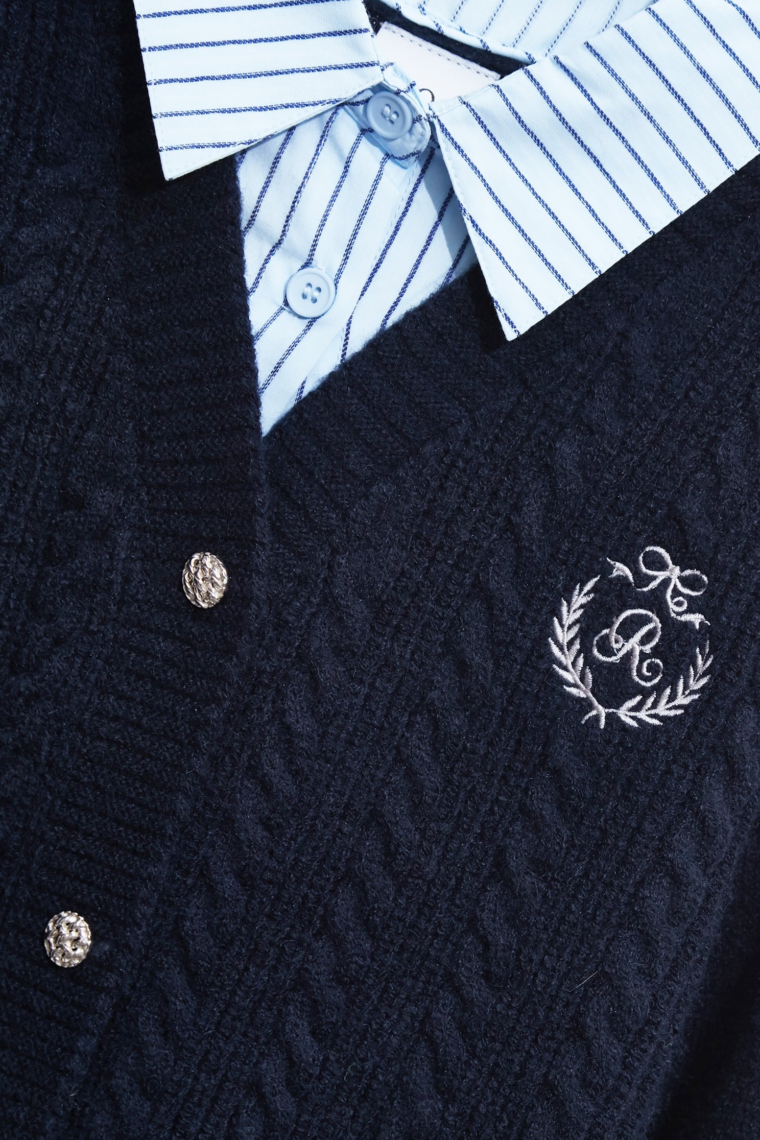 Stripe Collar Navy Knit CardiganStripe Collar Navy Knit Cardigan,Jackets,Embroidered,Outerwear,Season (SS) Look,Stripe,Knitted,Knitted coats