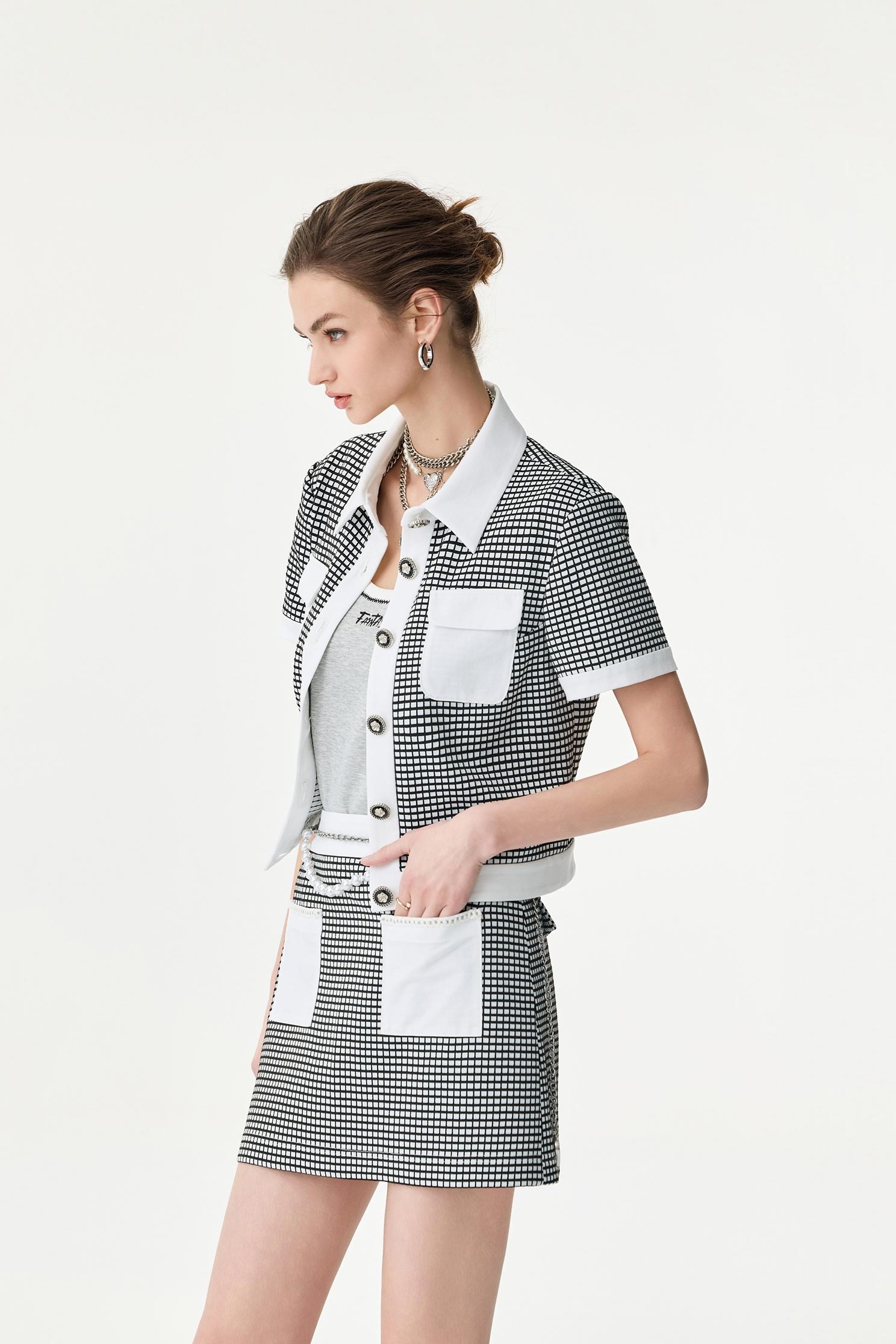 Short Sleeve Contrast Plaid Crop JacketShort Sleeve Contrast Plaid Crop Jacket,Jackets,Outerwear,Season (SS) Look,co-ord sets,Urban Fashion