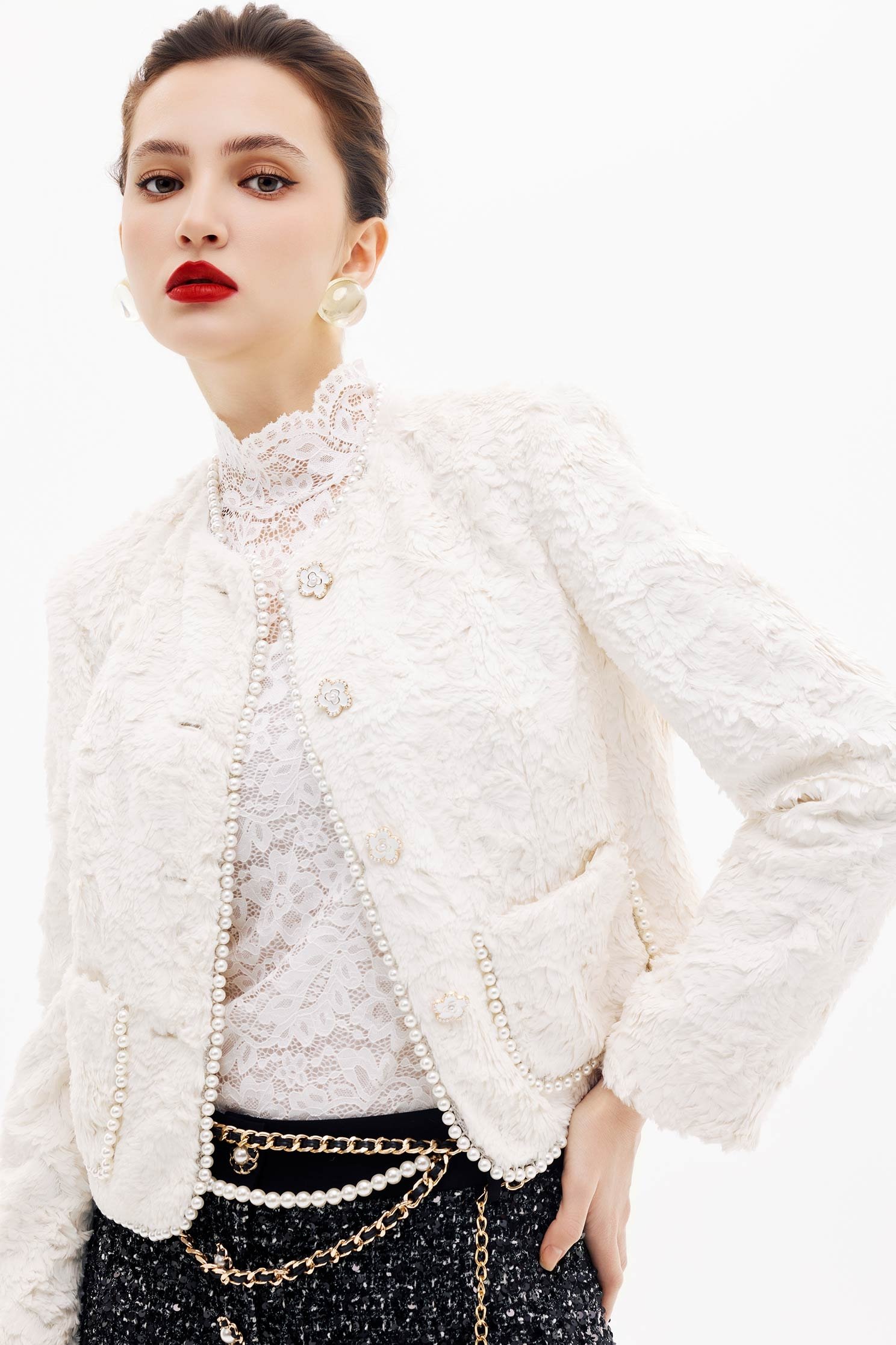 Pearl Detail Faux Fur JacketPearl Detail Faux Fur Jacket,Jackets,Office Looks,Outerwear,Season (SS) Look,pearl,White outerwear