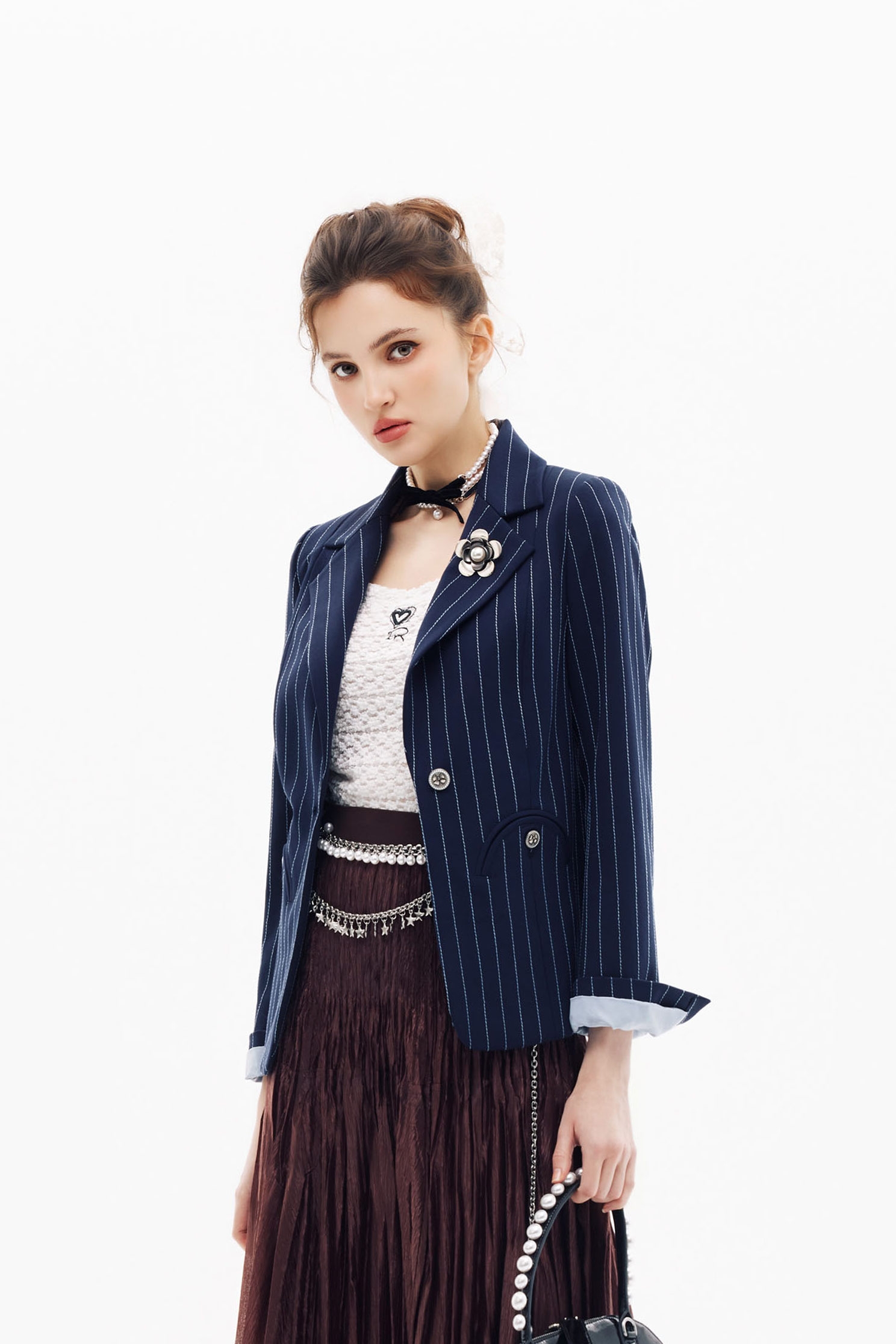 Pinstripe Navy BlazerPinstripe Navy Blazer,Jackets,Embroidered,Outerwear,Season (SS) Look,Blazers